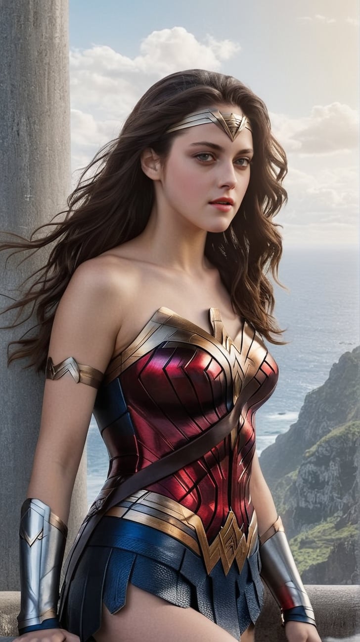 Hyper-Realistic photo of a beautiful girl,20yo,detailed exquisite face,soft shiny skin,lips,smile,wonder woman costume,long hair,perfect female form,model body,mesmerizing,looking at viewer,Kristen Stewart lookalike,jewelry,chanel,prada
BREAK
backdrop: simple background
BREAK
settings: (rule of thirds1.3),perfect composition,studio photo,trending on artstation,depth of perspective,(Masterpiece,Best quality,32k,UHD:1.4),(sharp focus,high contrast,HDR,hyper-detailed,intricate details,ultra-realistic,kodachrome 800:1.3),(chiaroscuro lighting:1.3),by Karol Bak,Alessandro Pautasso and Hayao Miyazaki,photo_b00ster,real_booster,art_booster,wonder-woman-xl