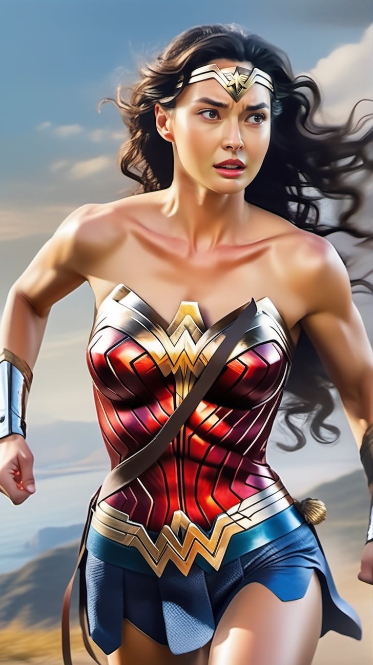 Very (detailed) illustration of a ((best quality)), ((masterpiece)), mesmerizing and alluring female running like an athlete, dishelved hair flown by wind, small earrings, detailed eyes, glossy skin, hourglass_figure, natural huge breasts, high contrast, [colorful], full body, view from side, rule of thirds, cinematic lighting, detailmaster2, kwon-nara-xl,wonder-woman-xl