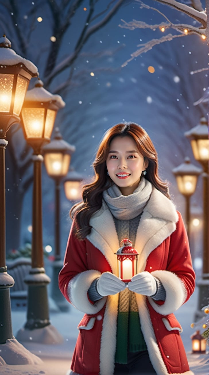 Create AI art portraying the beautiful woman in a Christmas setting, a snowy park adorned with twinkling lights and festive decorations. 23yo. Picture her strolling along a path surrounded by glistening snow, with the soft glow of holiday lights casting a warm and magical ambiance. The scene should evoke a sense of tranquility and joy, capturing the essence of a peaceful Christmas moment in a charming winter landscape.kwon-nara