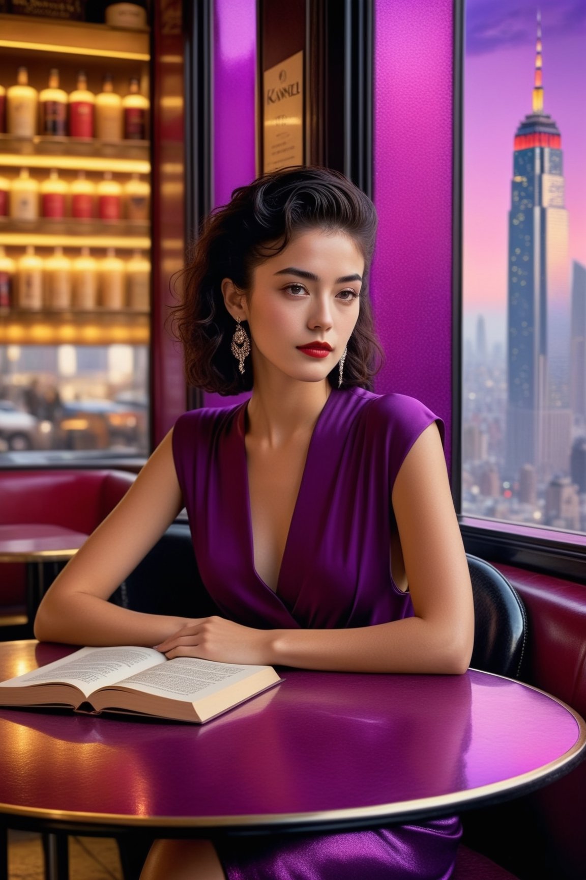 Hyper-Realistic photo of a girl sitting in a cafe at night,20yo,1girl,solo,Sean Young \(in Blade Runner\),detailed exquisite face,detailed soft shiny skin,lips,smile,perfect female form,looking at viewer,disheveled long black hair blowing,[Deep Purple and Wine Red color],elegant dress,chanel,prada,close up
BREAK
backdrop of beautiful city skyscrapers,table,coffee mug,vase,book,cluttered maximalism
BREAK
(rule of thirds:1.3),perfect composition,studio photo,trending on artstation,depth of perspective,(Masterpiece,Best quality,32k,UHD:1.4),(sharp focus,high contrast,HDR,hyper-detailed,intricate details,ultra-realistic,award-winning photo,ultra-clear,kodachrome 800:1.3),(chiaroscuro lighting:1.3),by Antonio Lopez, Diego Koi, Karol Bak and Hayao Miyazaki,photo_b00ster, real_booster,art_booster