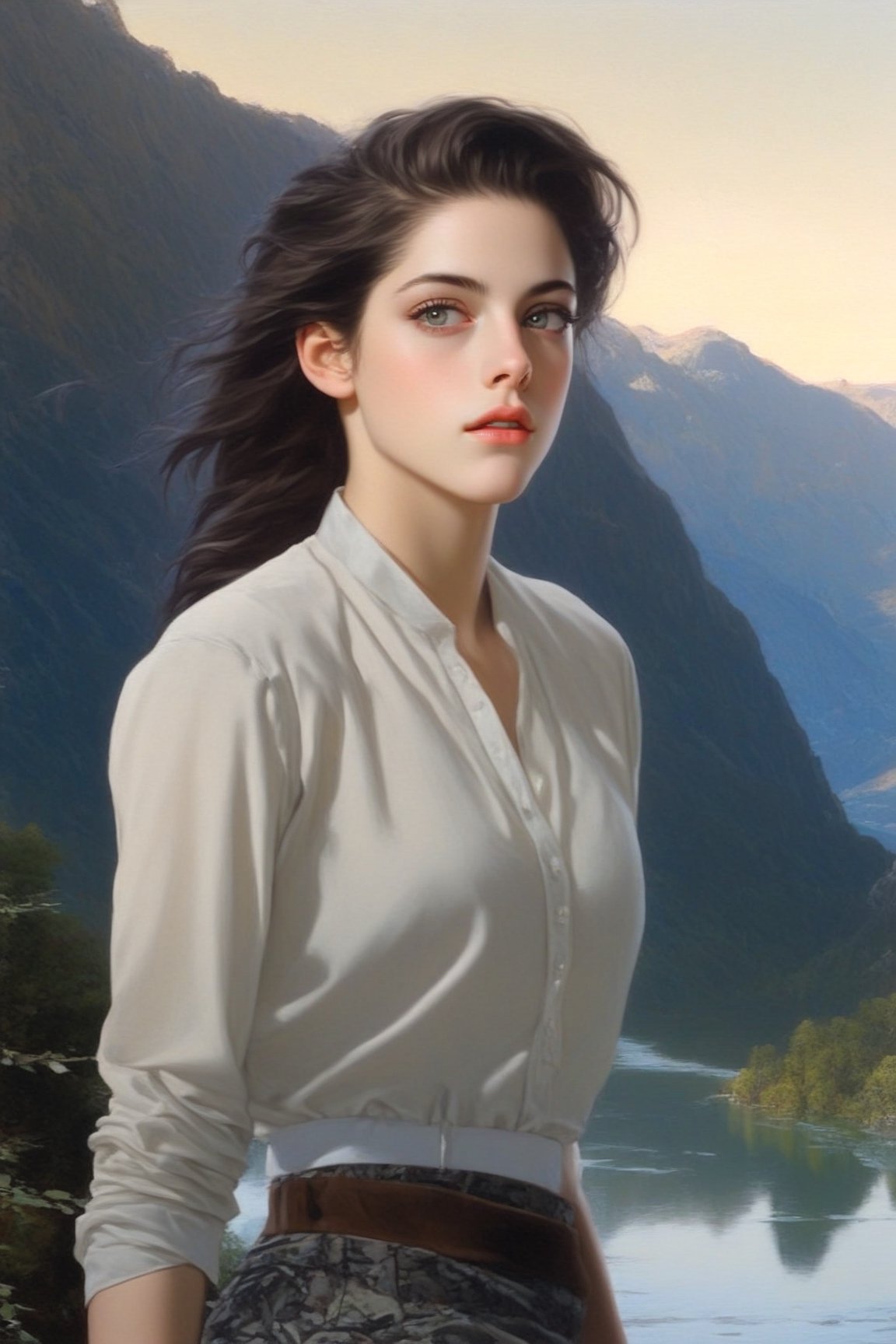 ((Hyper-Realistic)) photo of a beautiful girl standing in a national park,(Kristen Stewart),20yo,detailed exquisite face,detailed soft skin,hourglass figure,perfect female form,model body,(perfect hands:1.2),(elegant jacket, shirt and skirt),(backdrop: beautiful mountain with river,lake,tree, forest,rock and reflection in water),yv1sta3
BREAK 
aesthetic,rule of thirds,depth of perspective,perfect composition,studio photo,trending on artstation,cinematic lighting,(Hyper-realistic photography,masterpiece, photorealistic,ultra-detailed,intricate details,16K,sharp focus,high contrast,kodachrome 800,HDR:1.2),by Karol Bak,Gustav Klimt and Hayao Miyazaki, real_booster,art_booster,ani_booster,y0sem1te,H effect