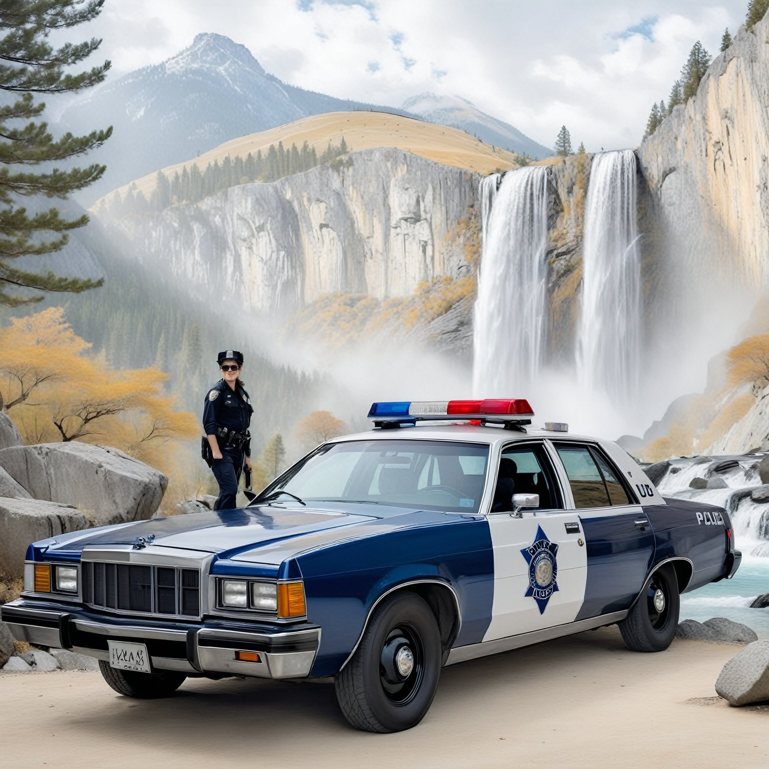 Hyper-Realistic photo of a beautiful LAPD police officer,20yo,1girl,solo,LAPD police uniform,cap,detailed exquisite face,soft shiny skin,smile,sunglasses,looking at viewer,Kristen Stewart lookalike,cap,fullbody:1.3
BREAK
backdrop:art1stp0int,waterfall,tree,rock,forest, mountain,landscape,scenery,nature,water,day,police car,(girl focus),[cluttered maximalism]
BREAK
settings: (rule of thirds1.3),perfect composition,studio photo,trending on artstation,depth of perspective,(Masterpiece,Best quality,32k,UHD:1.4),(sharp focus,high contrast,HDR,hyper-detailed,intricate details,ultra-realistic,kodachrome 800:1.3),(cinematic lighting:1.3),(by Karol Bak$,Alessandro Pautasso$,Gustav Klimt$ and Hayao Miyazaki$:1.3),art_booster,photo_b00ster, real_booster,Ye11owst0ne,grandpr1smat1c