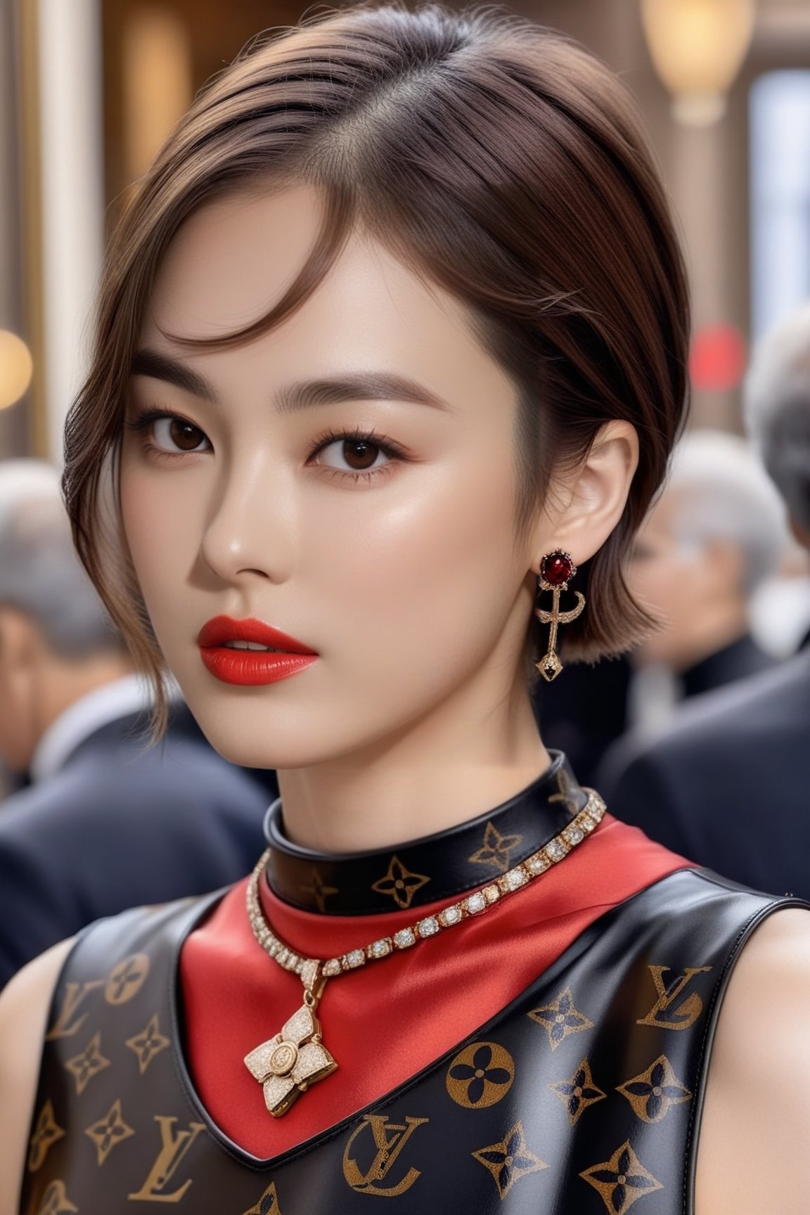 Hyper-Realistic photo of a girl,20yo,1girl,perfect female form,perfect body proportion,perfect anatomy,[red and black color],elegant dress,detailed exquisite face,soft shiny skin,mesmerizing,detailed shiny short hair,small earrings,necklaces,Louis Vuitton bag,cluttered maximalism
BREAK
(rule of thirds:1.3),perfect composition,studio photo,trending on artstation,(Masterpiece,Best quality,32k,UHD:1.4),(sharp focus,high contrast,HDR,hyper-detailed,intricate details,ultra-realistic,award-winning photo,ultra-clear,kodachrome 800:1.25),(chiaroscuro lighting,soft rim lighting:1.15),by Karol Bak,Antonio Lopez,Gustav Klimt and Hayao Miyazaki,photo_b00ster,real_booster,art_booster,song-hyegyo-xl