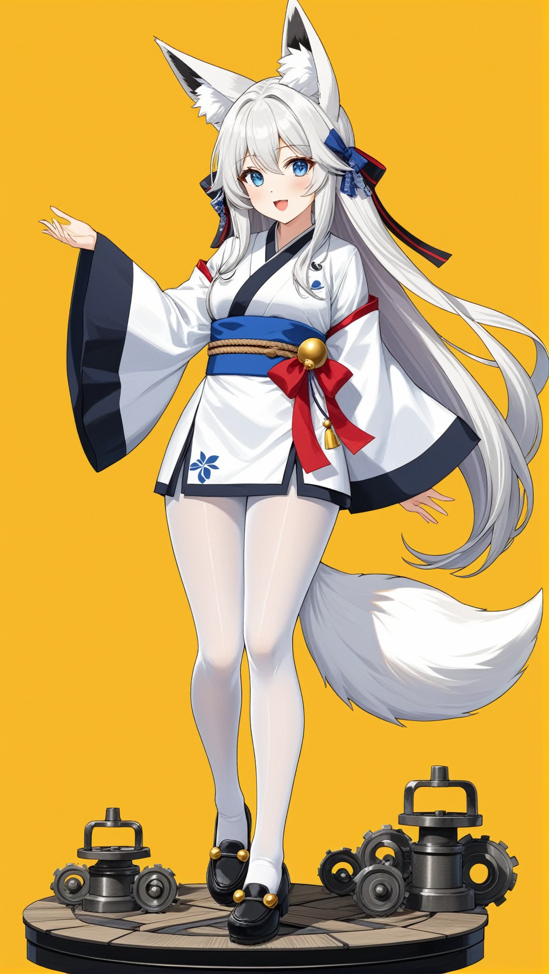 Hyper-Detailed Anime of Kasumi \(Azur Lane\),1girl, solo, long hair, looking at viewer, blush, open mouth, bangs, blue eyes, hair ornament, long sleeves, ribbon, animal ears, very long hair, standing, tail, full body, hair ribbon, white hair, pantyhose, japanese clothes, socks, wide sleeves, kimono, black footwear, animal ear fluff, sleeves past wrists, fox ears, bell, fox tail, fox girl, ribbon trim, jingle bell, machinery, white pantyhose, ribbon-trimmed sleeves, turret, rigging, torii,simple background,yellow background,cluttered maximalism
BREAK
(rule of thirds:1.3),(thick drawing lines:1.3),perfect composition,studio photo,trending on artstation,(Masterpiece,Best quality,32k,UHD,sharp focus,high contrast,HDR,hyper-detailed,intricate details,ultra-clear:1.3),(cinematic lighting),photo_b00ster, real_booster,art_booster,ani_booster