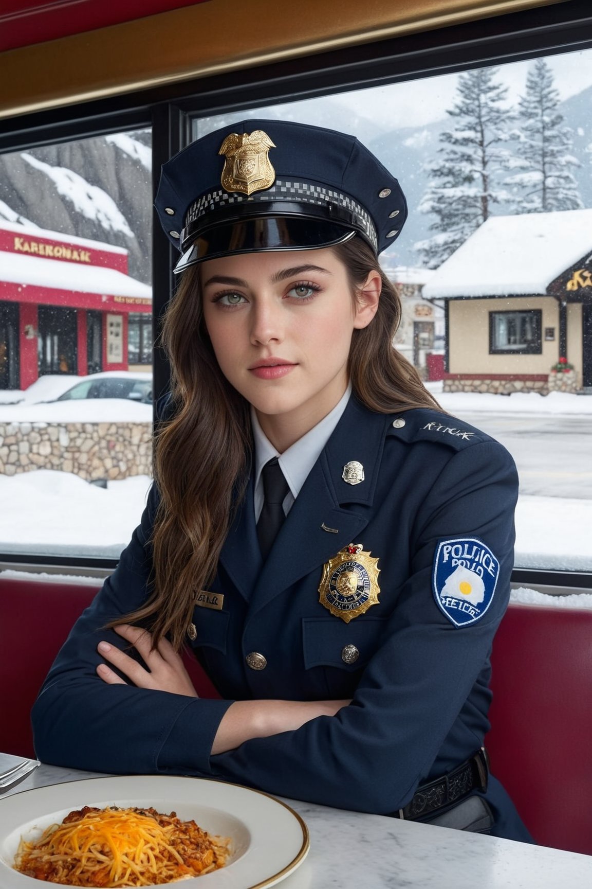 Hyper-Realistic photo of a beautiful LAPD police officer sitting in a restaurant in winter resort,20yo,1girl,solo,LAPD police uniform,cap,detailed exquisite face,soft shiny skin,smile,looking at viewer,Kristen Stewart lookalike,cap,sunglasses,fullbody:1.3
BREAK
backdrop:restaurant,window,snow,road,police car,tree,girl focus,[cluttered maximalism]
BREAK
settings: (rule of thirds1.3),perfect composition,studio photo,trending on artstation,depth of perspective,(Masterpiece,Best quality,32k,UHD:1.4),(sharp focus,high contrast,HDR,hyper-detailed,intricate details,ultra-realistic,kodachrome 800:1.3),(cinematic lighting:1.3),(by Karol Bak$,Alessandro Pautasso$,Gustav Klimt$ and Hayao Miyazaki$:1.3),art_booster,photo_b00ster, real_booster,w1nter res0rt