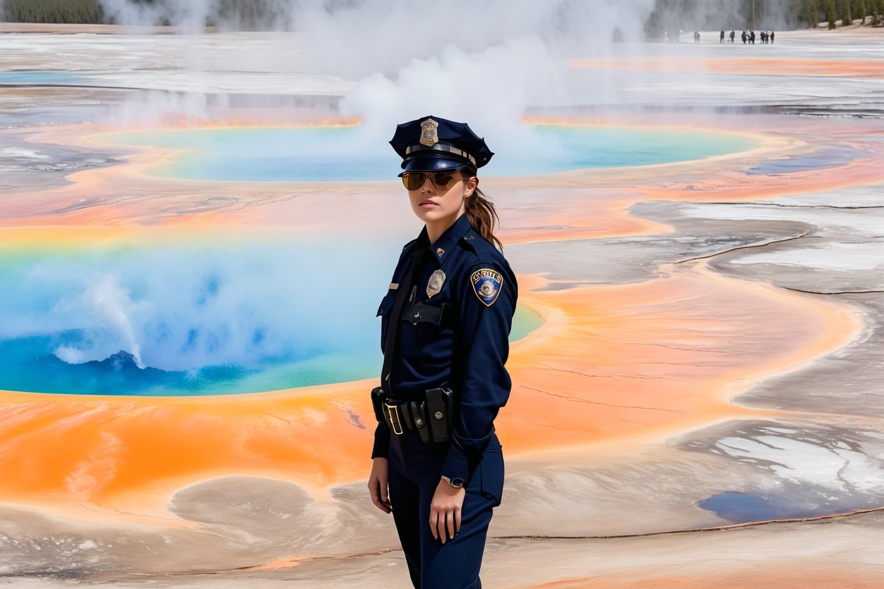 Hyper-Realistic photo of a beautiful LAPD police officer at Grand Prismatic Spring of Yellowstone, 20yo,1girl,solo,LAPD police uniform,cap,detailed exquisite face,soft shiny skin,smile,sunglasses,looking at viewer,Kristen Stewart lookalike,cap,fullbody:1.3
BREAK
backdrop:grandpr1smat1c,vivid color for Spring,orange mane-like soil around the pool,brown and white soil color,smoke from spring,brown and white color soil,1 spring,police car,(girl focus),[cluttered maximalism]
BREAK
settings: (rule of thirds1.3),perfect composition,studio photo,trending on artstation,depth of perspective,(Masterpiece,Best quality,32k,UHD:1.4),(sharp focus,high contrast,HDR,hyper-detailed,intricate details,ultra-realistic,kodachrome 800:1.3),(cinematic lighting:1.3),(by Karol Bak$,Alessandro Pautasso$,Gustav Klimt$ and Hayao Miyazaki$:1.3),art_booster,photo_b00ster, real_booster,Ye11owst0ne