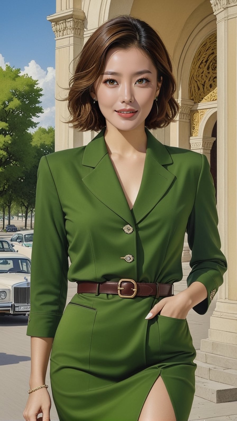 ((Hyper-Realistic)) (fullbody:1.3) photo of a girl standing,20yo,1girl,perfect female form,perfect body proportion,perfect anatomy,detailed exquisite symmetric face,detailed soft shiny skin,glossy lips,smile, mesmerizing,detailed disheveled short hair,(elegant jacket,shirt and skirt),(Modern Green,Hazel Brown,Cream color),(beautiful knees and highheels:1.6)
BREAK
(detailed realistic backdrop of Triumphal Arch in Tiras Paul,Transist,the eastern part of Moldova,distant view:1.3)
BREAK
rule of thirds,perfect composition,studio photo,trending on artstation,(Masterpiece,Best quality,32k,UHD:1.5),(sharp focus,high contrast,HDR,ray tracing,hyper-detailed,intricate details,ultra-realistic,award-winning photo,kodachrome 800:1.4),(cinematic lighting:1.2),by Karol Bak,Gustav Klimt,Gerald Brom and Hayao Miyazaki,
real_booster,art_booster,photo_b00ster,kim youjung,kim_heesun