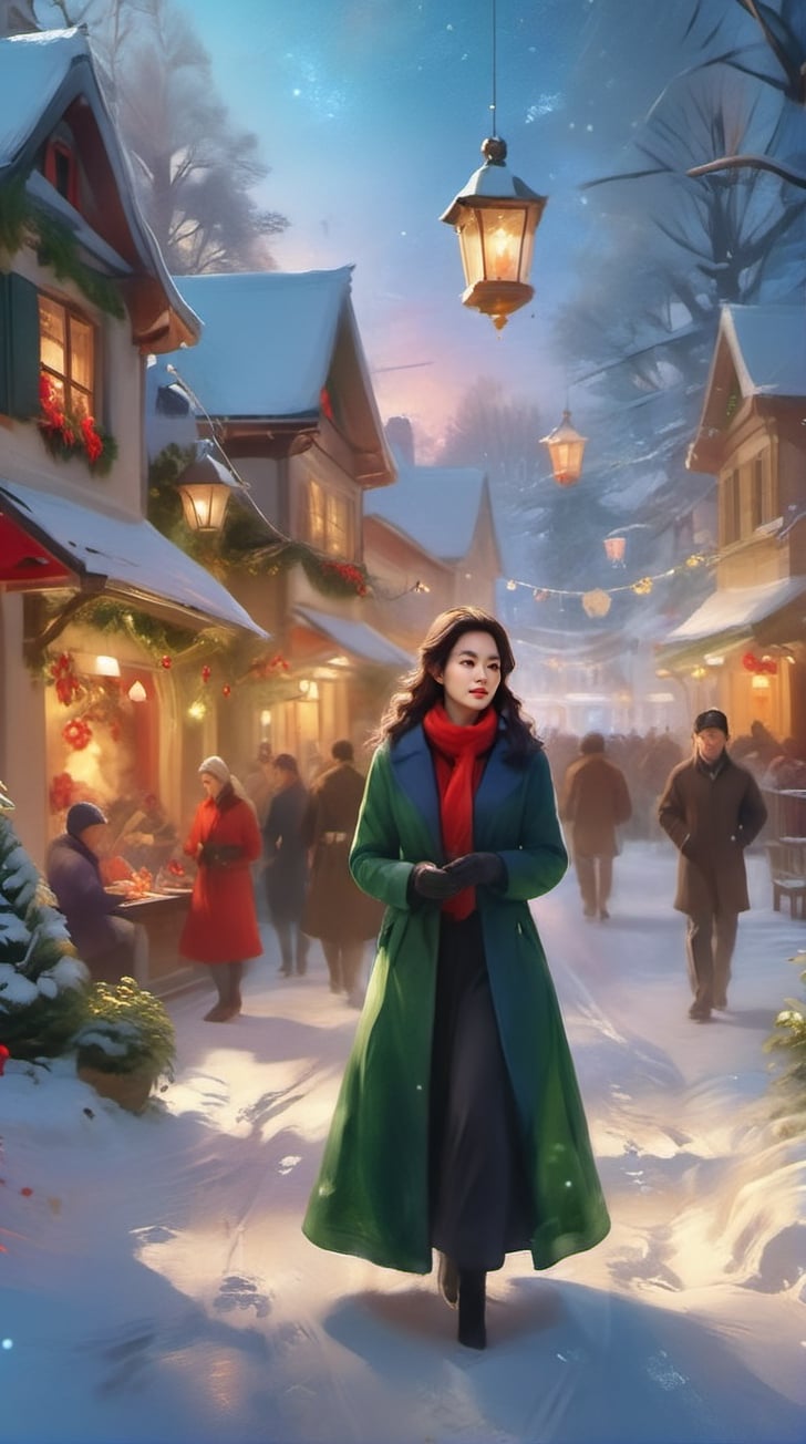 Create AI art portraying the beautiful woman in a Christmas setting, a snowy park adorned with twinkling lights and festive decorations. Picture her strolling along a path surrounded by glistening snow, with the soft glow of holiday lights casting a warm and magical ambiance. The scene should evoke a sense of tranquility and joy, capturing the essence of a peaceful Christmas moment in a charming winter landscape.,kimtaeri-xl,digital painting