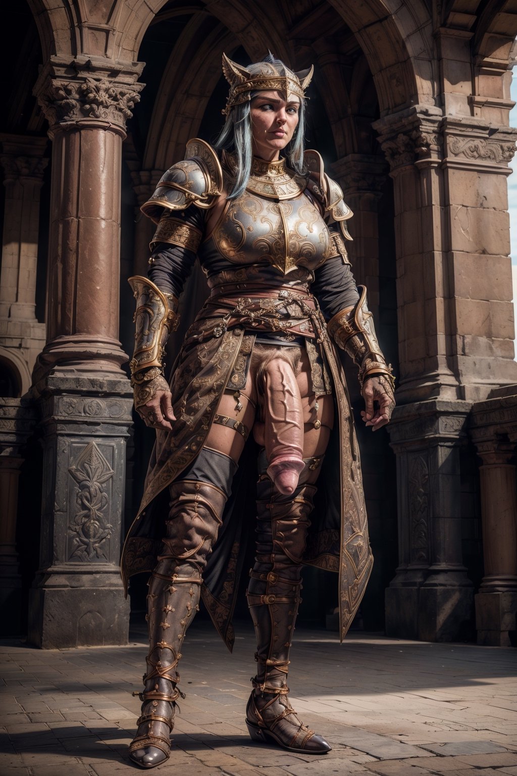 A fearless and battle-hardened female gladiator with steel-blue eyes and unwavering resolve, her bronzed and scarred complexion reveals the countless battles she’s faced. She maintains a stoic and determined expression, her intricate Roman-style helmet perched atop her head, while her practical hair is tied up. Her strong and athletic body is marked by muscular arms and legs, the result of rigorous training, and she bears tattoos symbolizing her many victories. Carrying a gladius sword, she strikes a confident and resolute stance, always ready for combat in the arena. Surrounded by sand underfoot, the arena’s backdrop includes a roaring crowd in the stands, adding to the anticipation. She wears leather armor for protection, consisting of a bronze breastplate with intricate engravings, a studded leather skirt for mobility, Roman sandals, and shin guards. In every aspect, she exudes the spirit of a fierce gladiator ready for the ancient battle. flaccid

detailed huge penis (flaccid, super detailed, realistic, detailed penile head , (only one), big size)), (penis dripping cum:1.4), testicles, (huge penis:1.5), feminine body, feminine arms, thin arms,

(Full body portait:1.5),

