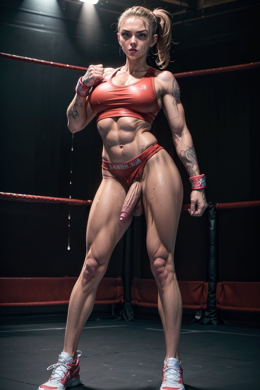 Determined female boxer, Sweat on her brow, Strong, focused gaze, Tattooed arms, Lean and muscular physique, Short, slicked-back hair, Sleeveless sports bra, Red hand wraps, Boxing shoes, Intense training atmosphere, Ring ropes in the background, 35mm film aesthetic, Athletic power 

detailed huge penis (flaccid, super detailed, realistic, detailed penile head , (only one), big size)), (penis dripping cum:1.4), testicles, (huge penis:1.5), feminine body, feminine arms, thin arms,

(Full body portait:1.5),

