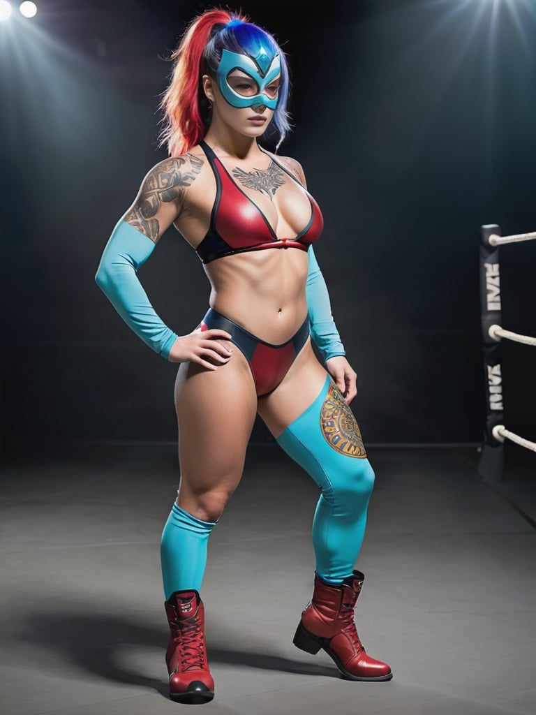 Wrestler. Athletic and strong physique, toned muscles and a well-defined, lean body, confidence in her stance and movements, expressive facial features that convey determination and charisma, vibrant and eye-catching hair, often styled in a bold manner, may have tattoos or body art that adds to her unique style. Her outfit is colorful and bold, reflecting her personality and character, fitted and often revealing attire that allows for flexibility in the ring, elaborate designs, patterns, and graphics on her outfit, knee pads and elbow pads for protection during high-impact moves, wrestling boots for a secure grip in the ring, occasionally, a mask or face paint to add an element of mystique or character identity, accessories such as wristbands, arm sleeves, or a championship belt.
