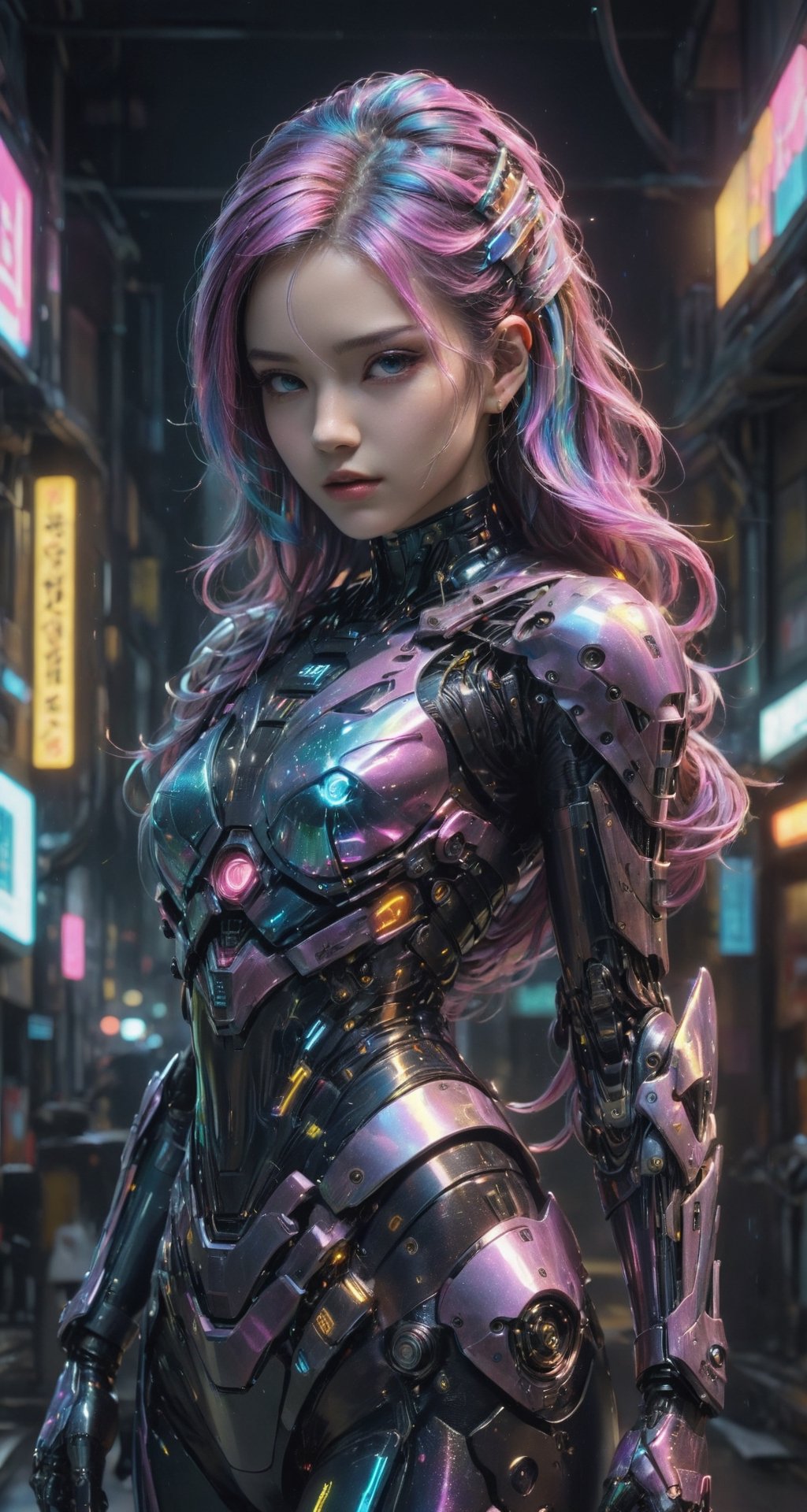 high quality, 8K Ultra HD, full body, have a cyber saber, a mesmerizing 20-year-old woman with a futuristic beauty that seems to transcend time and space, intricately woven into her very being, encased in the cybernetic suit, move with fluidity and precision, Her flowing hair resembles streams of neon lights, casting a vibrant glow that adds a touch of cyberpunk brilliance to her appearance, Each strand of hair is meticulously crafted with holographic patterns that shimmer and shift, creating an ever-changing display of colors, by yukisakura, highly detailed, 