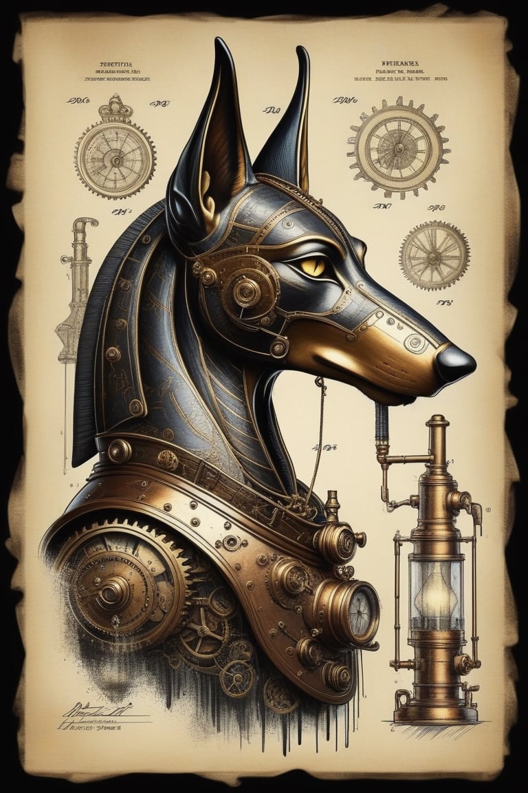 patent style drawing of steam Anubis in ink on an old paper,(steampunk:1.2),old fashioned,nostalgie,black background,DonMSt34mPXL