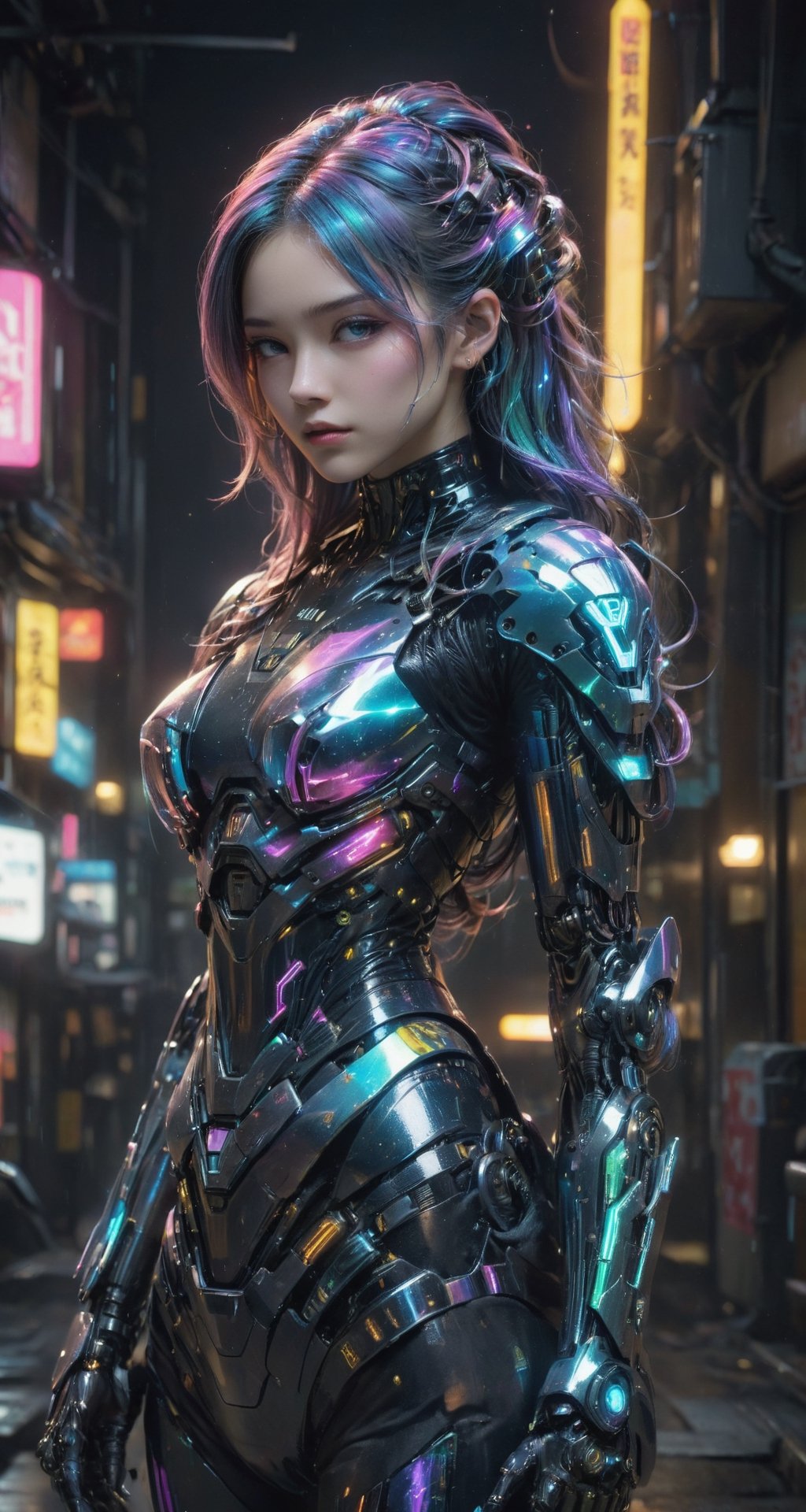 high quality, 8K Ultra HD, full body, have a cyber saber, a mesmerizing 20-year-old woman with a futuristic beauty that seems to transcend time and space, intricately woven into her very being, encased in the cybernetic suit, move with fluidity and precision, Her flowing hair resembles streams of neon lights, casting a vibrant glow that adds a touch of cyberpunk brilliance to her appearance, Each strand of hair is meticulously crafted with holographic patterns that shimmer and shift, creating an ever-changing display of colors, by yukisakura, highly detailed, 