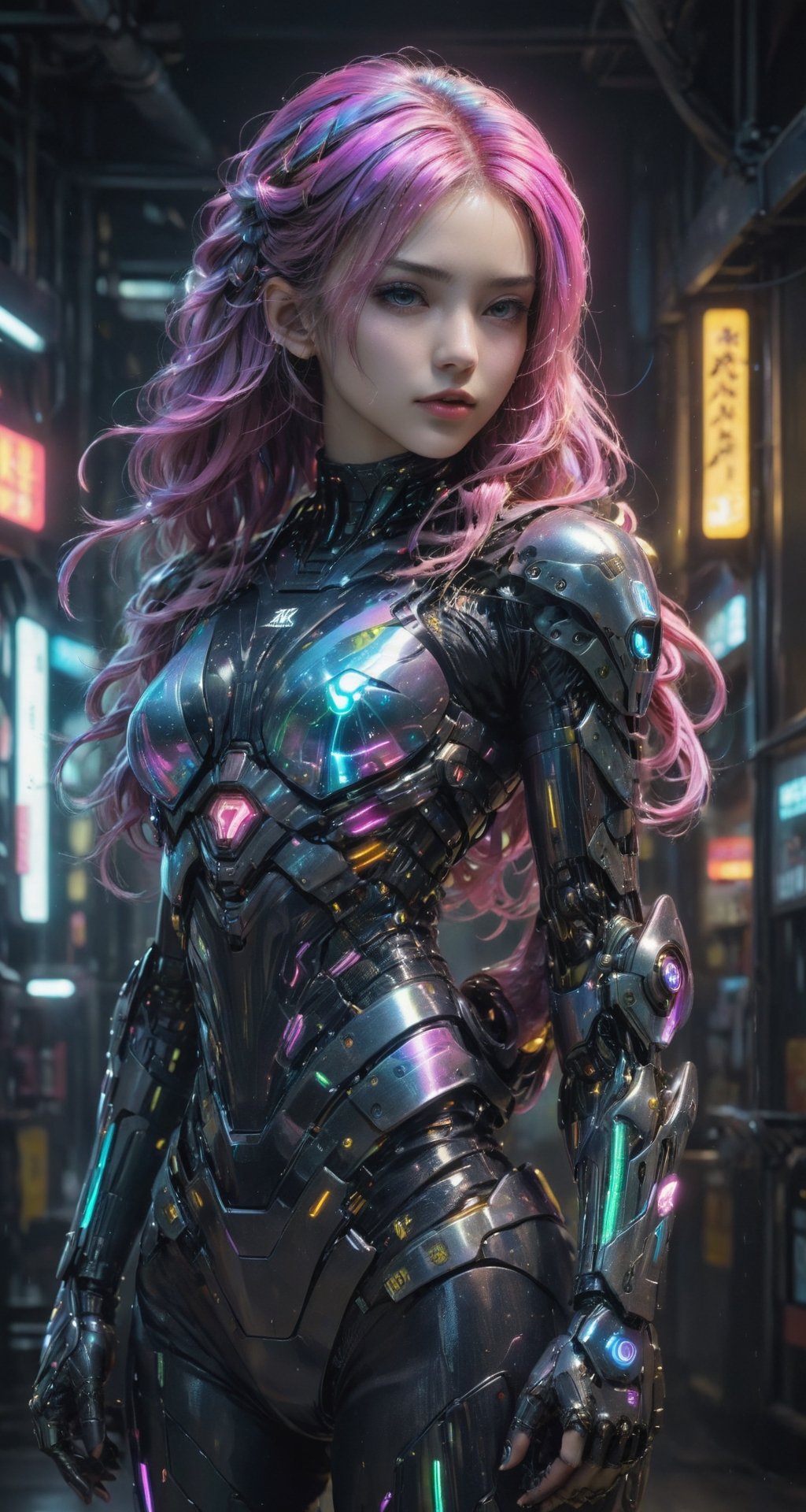 high quality, 8K Ultra HD, full body, have a cyber saber, a mesmerizing 20-year-old woman with a futuristic beauty that seems to transcend time and space, intricately woven into her very being, encased in the cybernetic suit, move with fluidity and precision, Her flowing hair resembles streams of neon lights, casting a vibrant glow that adds a touch of cyberpunk brilliance to her appearance, Each strand of hair is meticulously crafted with holographic patterns that shimmer and shift, creating an ever-changing display of colors, by yukisakura, highly detailed, 