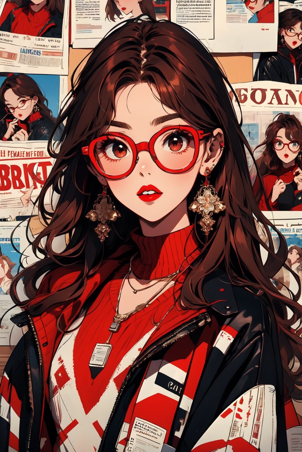 newspaper wall, glasses, parted lips, looking over eyewear,  black jacket, jewelry, long hair, jacket, red shirt, solo, upper body, brown hair, 1girl, necklace, earrings, red sweater, looking at viewer, red-tinted eyewear, sweater, red jacket, red lips ,Crazy face ,glitter