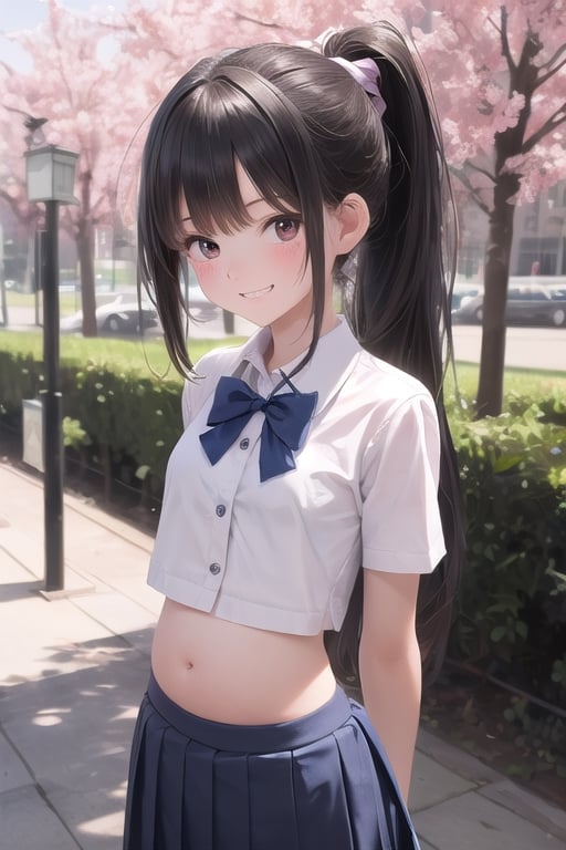masterpiece,best quality,dreamwave,aesthetic,(((1 girl))),(((18 years old))),(((solo))),(((skinny))),(((thin))),(((slim))),(((waist))),((small breasts)),(((bloated belly))),cute face,shy,grin,((school-uniform)),(black hair),(ponytail),(bangs),((standing)),(((park))),((arms behind back bound)),((model pose))