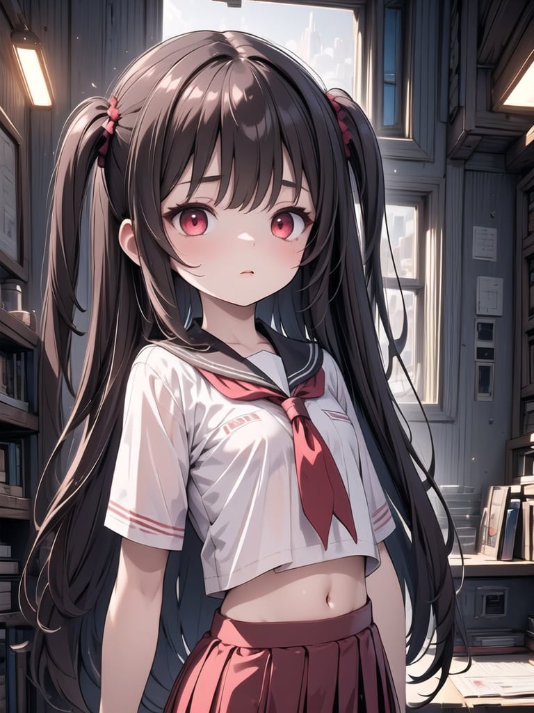 (masterpiece, best quality:1.4), high contrast, ultra details, cinematic lighting, illustration,
1girl, dark red eyes, brown long hair, one side up, flat chest, school_uniform,midriff
