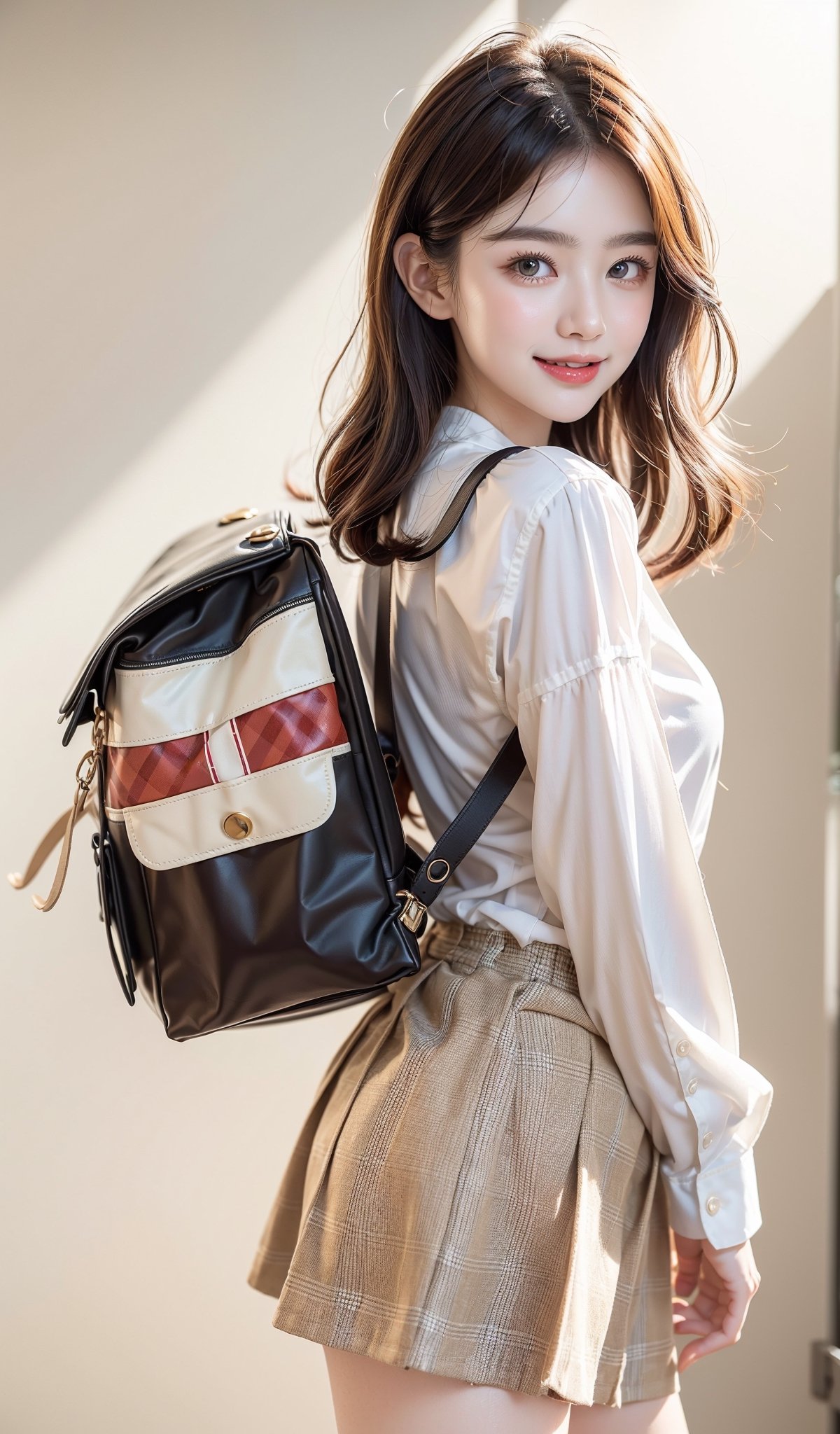 [1girl{((white skin:1.2), (short brown wave hair), (young cuty sexy), (16 years old))}]

{(Korean-style high school uniform ((white long-sleeved shirt top), (red checkered short skirt on beige background))), (Korean school student black leather backpack), (dynamil run), (look back), (happy smile), (open mouth), (waving hand to viewer), (background is gate of her housel)}