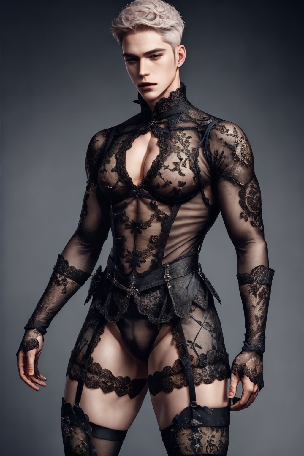 1male, lace_top, lace_stockings, lace_gloves, lace_thigh_high_boots, pale_skin, handsome, korean, 8k resolution, ultra detailed, pecs, cleavage cutout