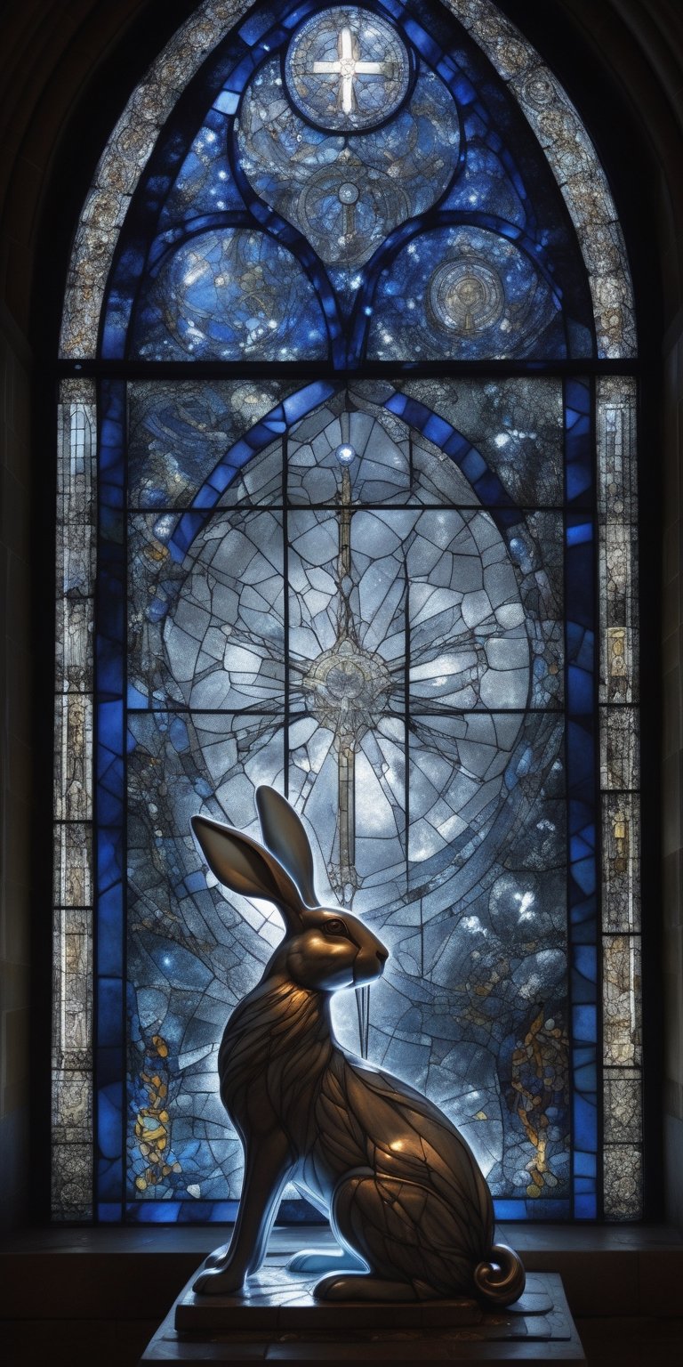 In a crumbling cathedral bathed in moonlight, the cyborg hare kneels before a shattered stained-glass window. Her porcelain face reflects the celestial agony depicted, tears of molten silver trailing down her cheeks. Wires connect her to the fallen glass, whispering forgotten prayers of a technological apocalypse. (Emphasize religious iconography, broken beauty, and the bittersweet contrast between technology and faith),xxmixgirl