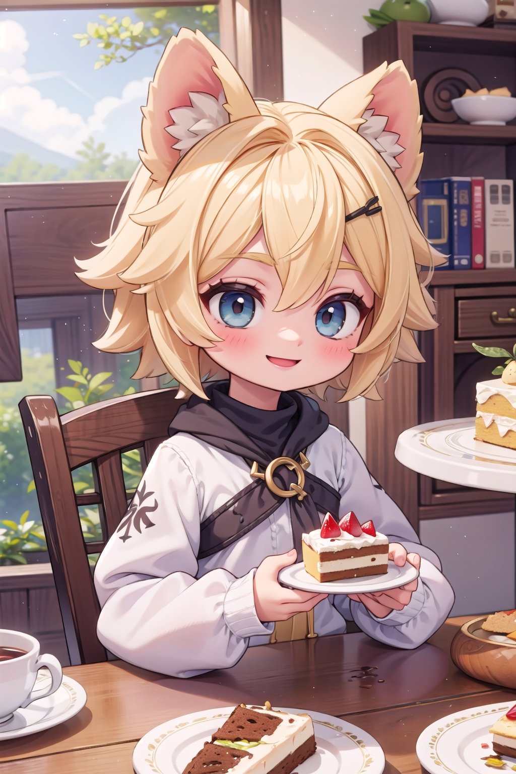 A girl with short blonde hair with brown animal ears sat on a chair in front of the dining table, smiling happily while enjoying a piece of cake.