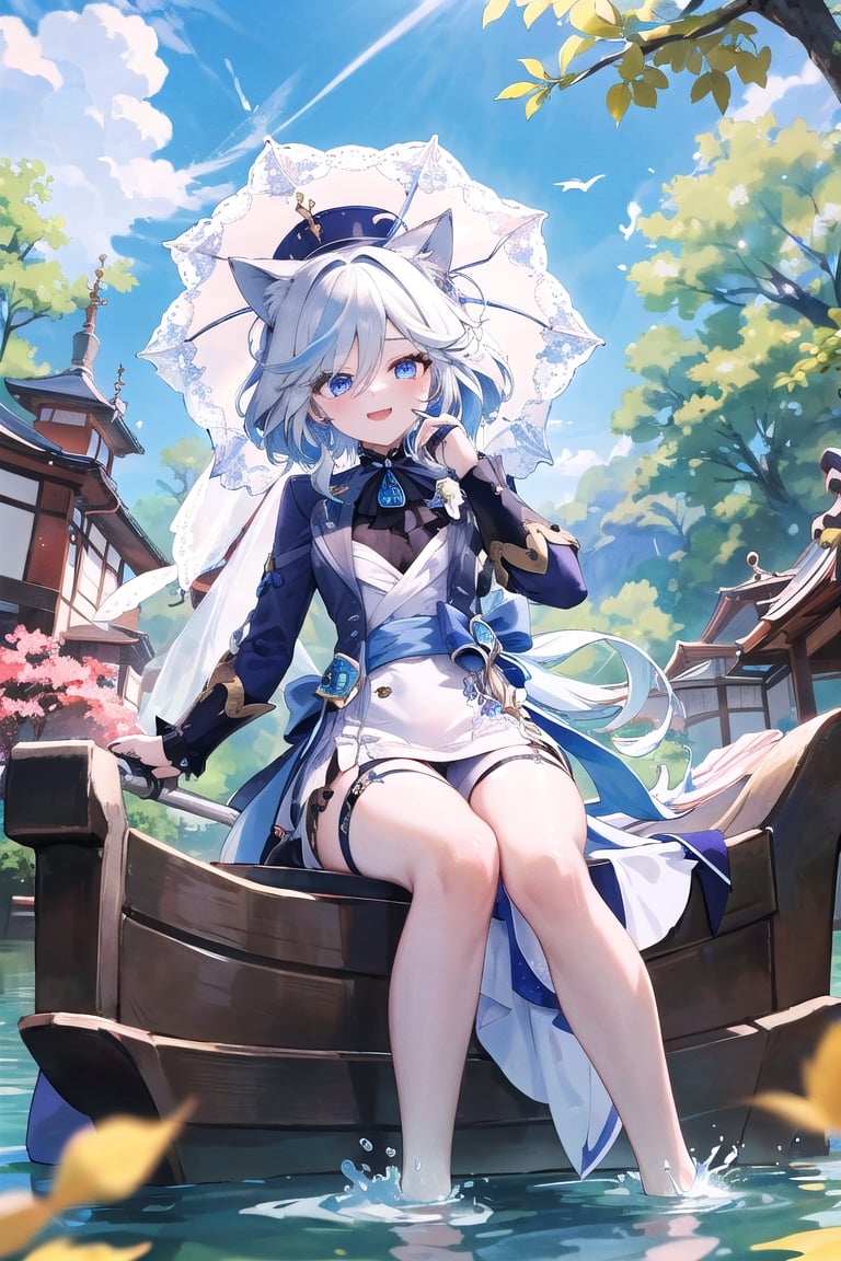 Furina, 1 girl, medium messy white hair, slightly blue, blue eyes, cat ears, bride, herself, long white dress, from below, beautiful face, outdoors, colorful flowers, happy, falling leaves, standing, sitting, holding an umbrella, sitting on a boat, lake, furina\ (genshin impact\)