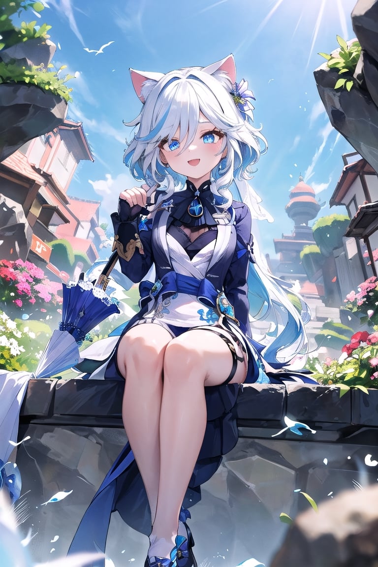 Furina, 1 girl, medium messy white hair, slightly blue, blue eyes, cat ears, bride, herself, long white dress, from below, beautiful face, outdoors, colorful flower garden, happy, arms spread, leaves falling, standing, sitting, holding an umbrella, shoes, rocks, furina\ (genshin impact\)