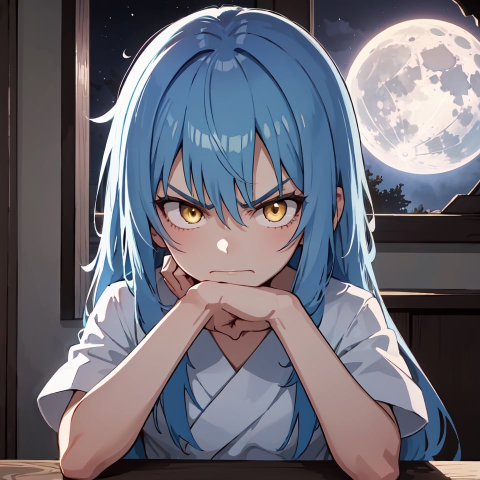 1 girl, in the room, long hair, blue hair, yellow eyes, black t-shirt, short sleeves, robe, night, bright moon, part of the face, angry, hands pose, angry eyebrows, serious face, upper body,Gendou pose 