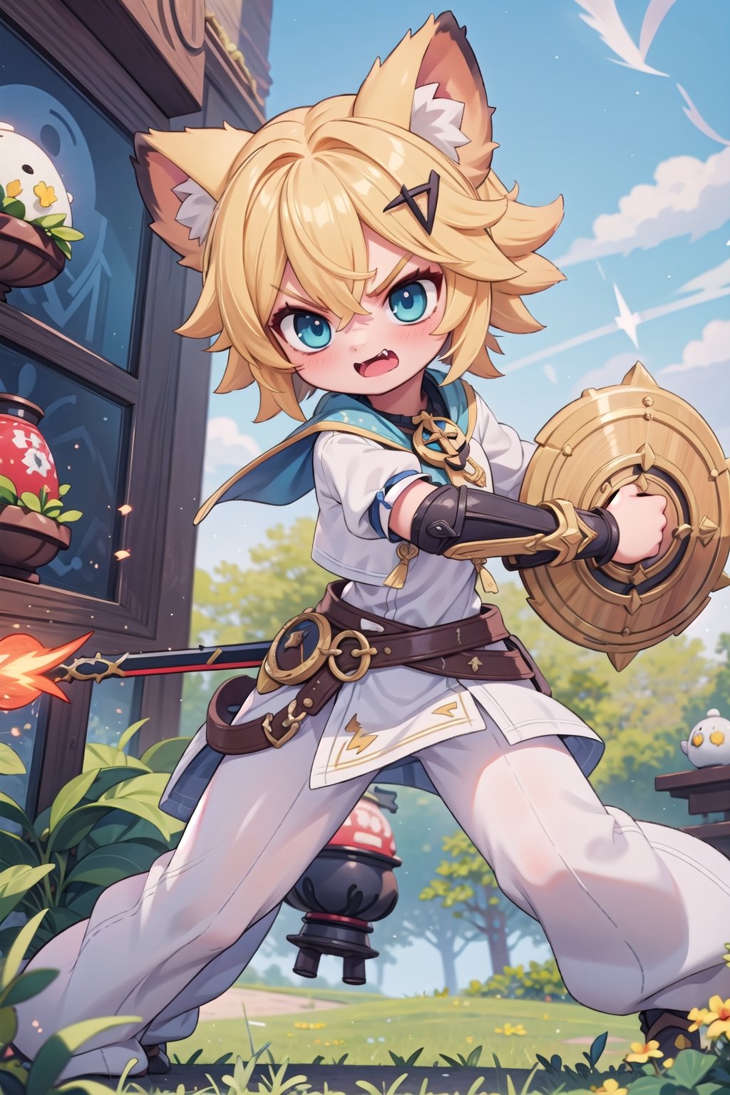 (masterpiece), (science fiction:1.4), light particles, 1girl, medium hair, sidelocks, blue eyes, yellow hair, brown animal ears, hairpin, action pose, fighting stance, attack stance, fangs, holding a shield, holding a yellow lightning sword, mouth open, eyebrows angry, joyml