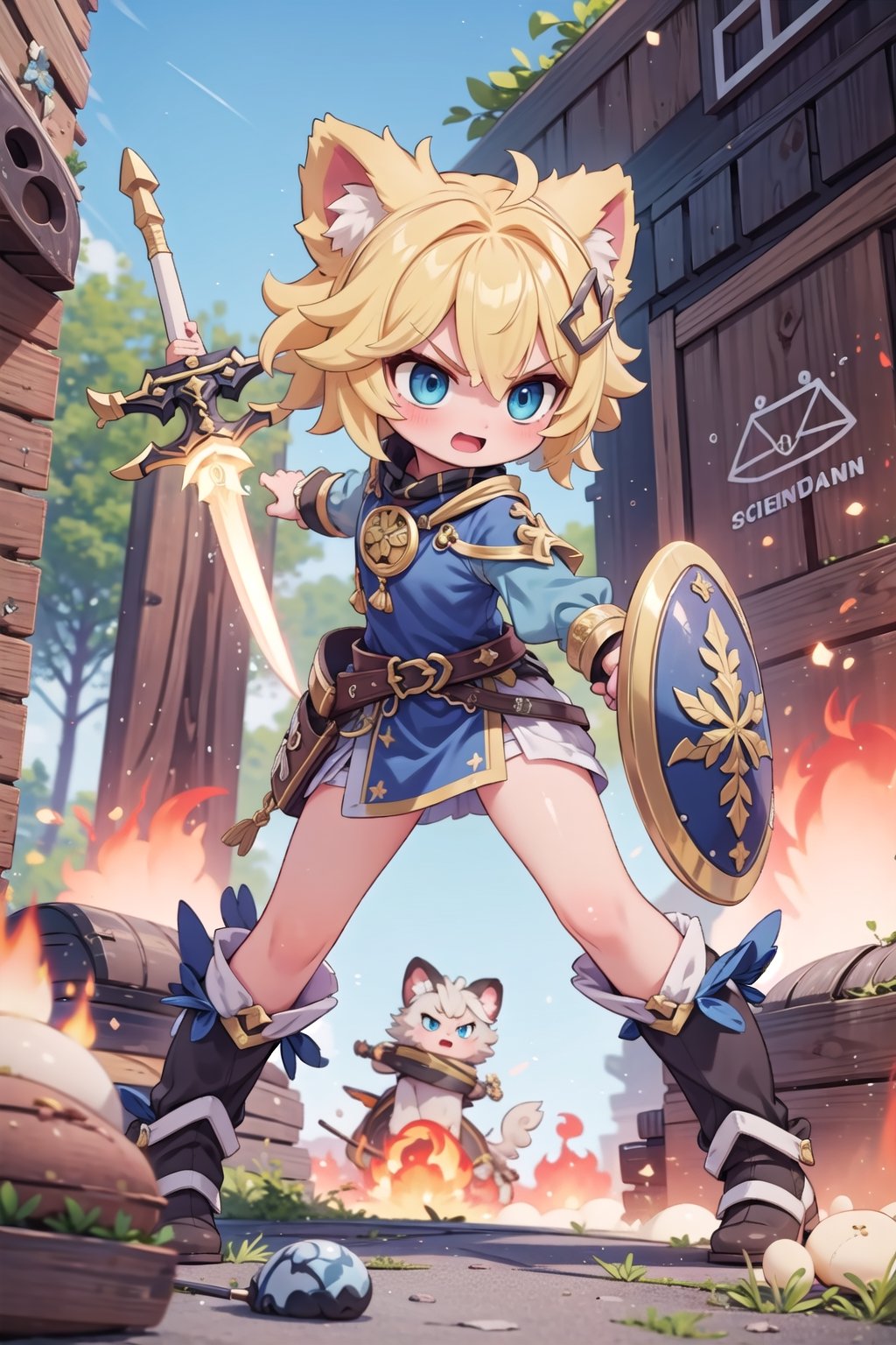 (masterpiece), (science fiction:1.4), light particles, 1girl, medium hair, sidelock, blue eyes, yellow hair, brown animal ears, hairpin, action pose, fighting stance, holding a shield, holding a fire sword, open mouth , angry eyebrows, joyml
