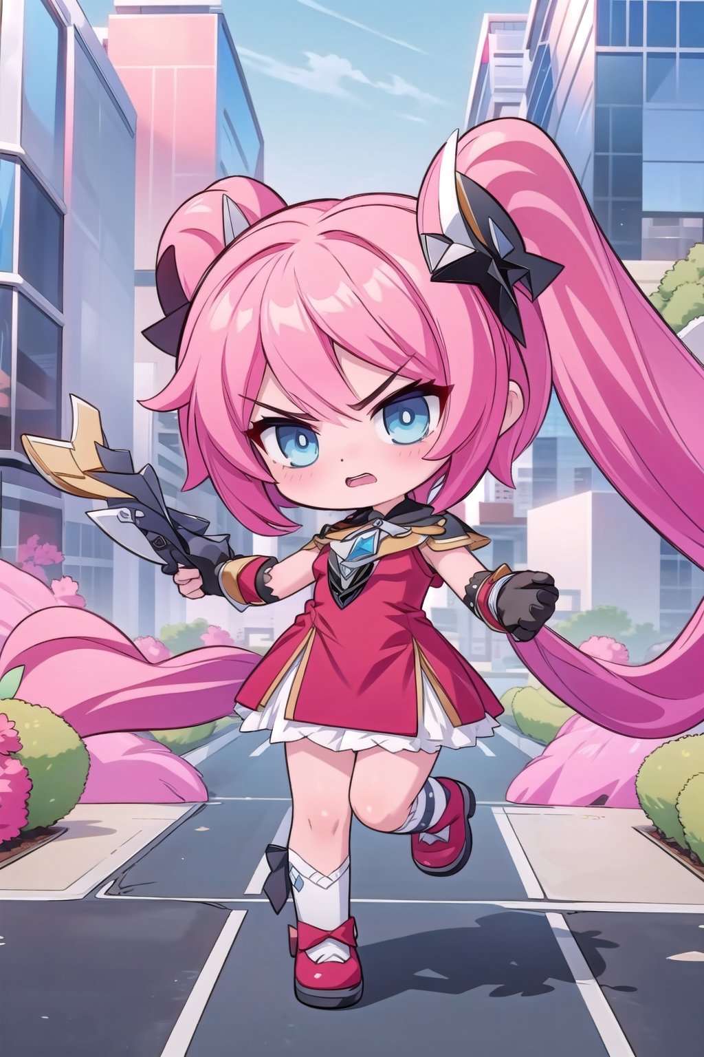 layla, star shaped blue eyes, pink hair, red dress, wannabe, angry open mouth, genshin chibi emote