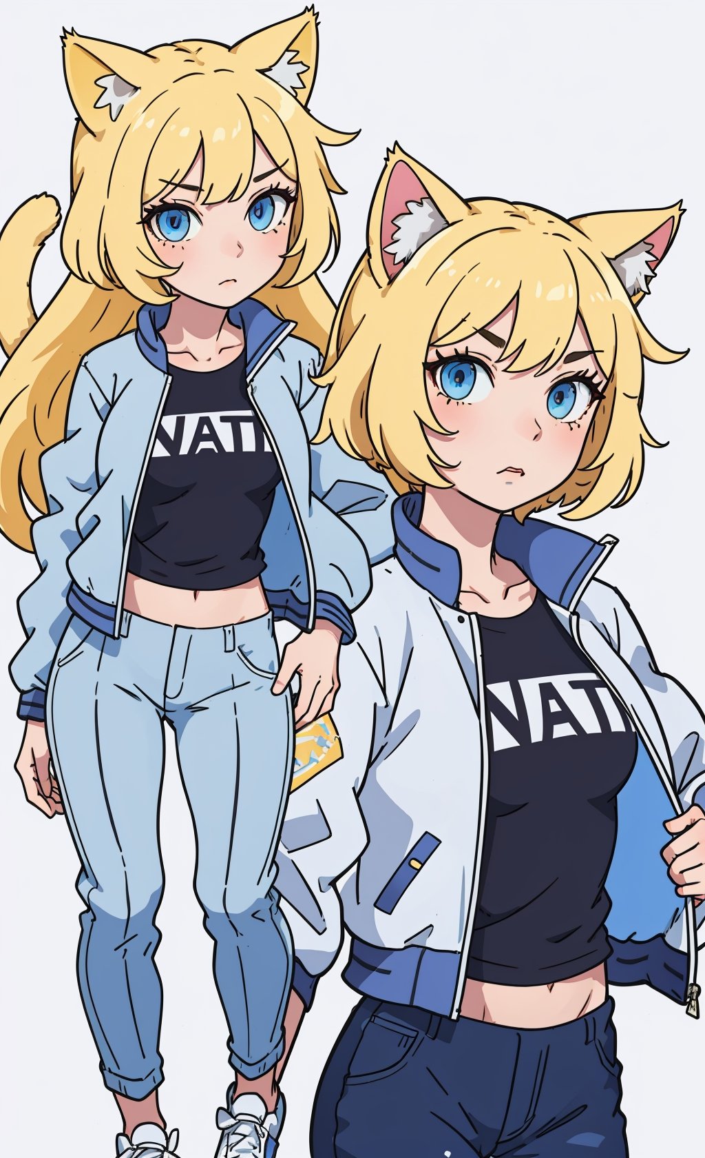 (masterpiece, best quality), intricate details, ((slim)), girl, beautiful, 1 woman, cat expression, Yellow hair, white skin, light blue eyes, cat ears, very detailed, messy hair, detailed jacket, pants short, top image,pdrally