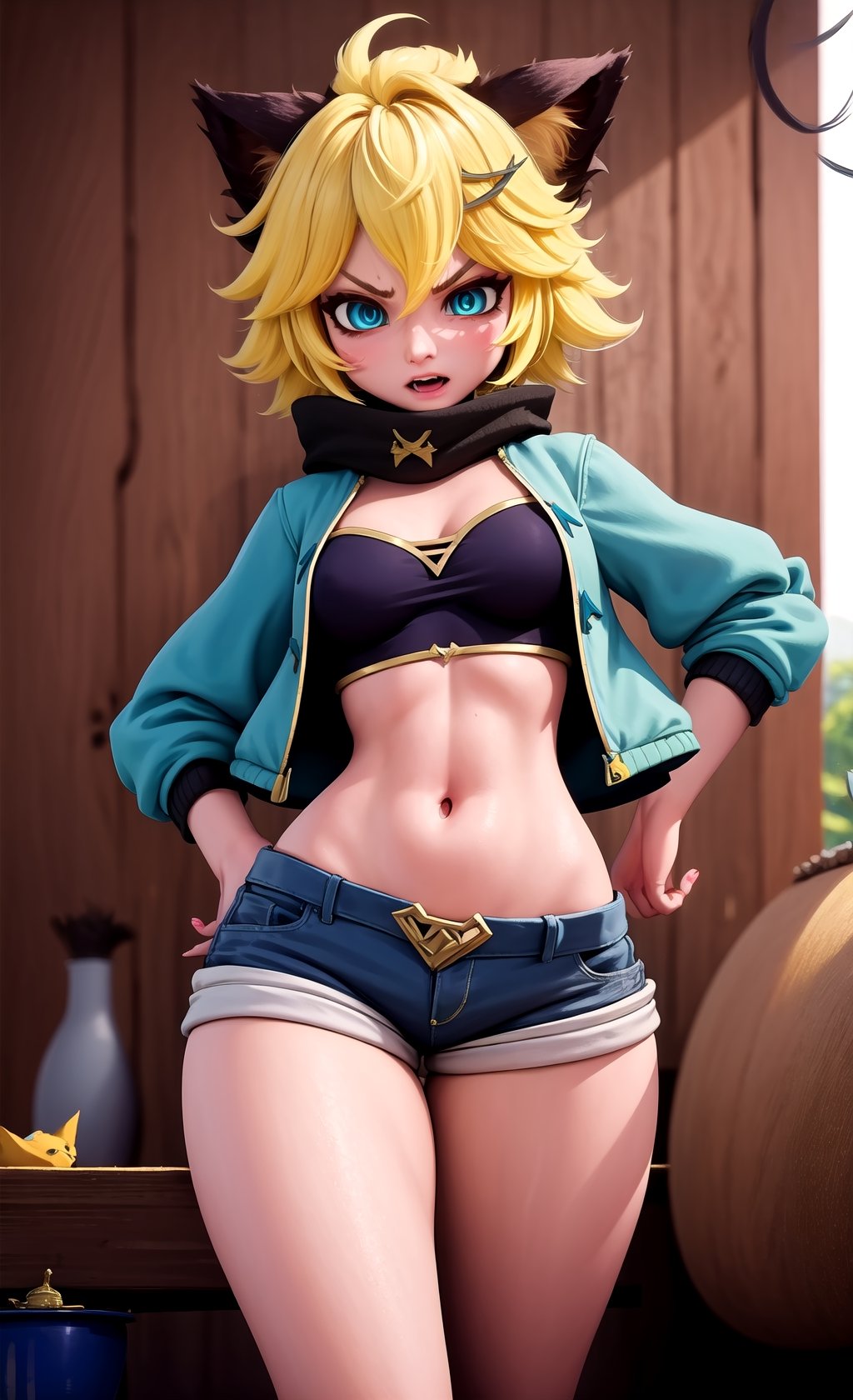 (masterpiece, top quality), intricate details, ((slim)), beautiful girl, 1 woman, (killer), Angry, Yellow hair, white skin, light blue eyes, cat ears, very detailed, messy hair, jacket details, shorts, pictures,