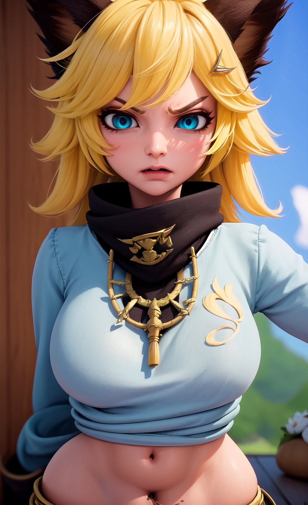 (masterpiece, top quality), intricate details, ((slim)), beautiful girl,1 woman, (assassin), Angry, Yellow hair, white skin, light blue eyes, cat ears, very detailed, messy hair , detailed pictures,