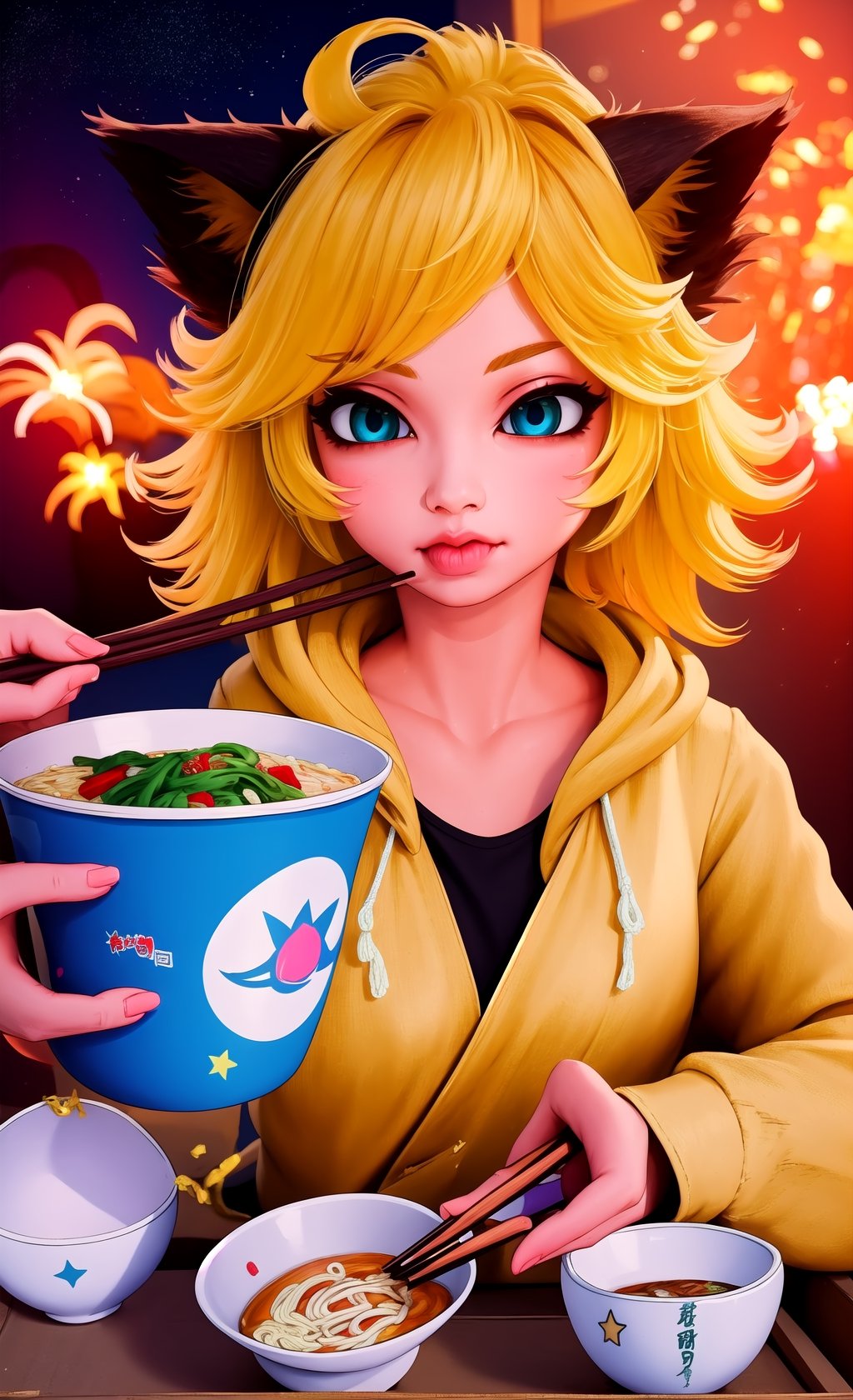 (masterpiece, best quality), intricate details, ((slim)), beautiful girl,1 woman, sedan eating cup noodles with chopsticks, at night, background of many stars and fireworks, Yellow hair, white skin, light blue eyes , cat ears, very detailed, jacket, messy hair, detailed drawing,