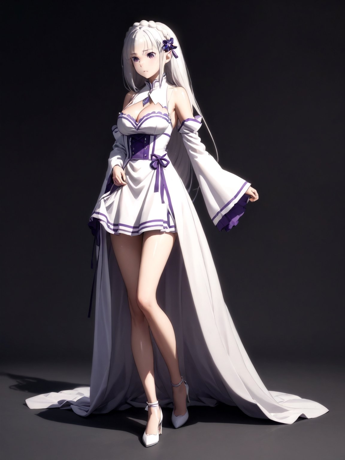 //Character, solo,emilia \(re_zero\), 1girl, long hair, white hair, purple eyes crown braid, pointy ears, 
//Fashion, white dress, hair ornament, hair ribbon, purple ribbon, bare shoulders, cleavage, white footwear,
//Background, simple background, 
//Quality, (masterpiece), best quality, ultra-high resolution, ultra-high definition, highres, intricate, intricate details, absurdres, highly detailed, finely detailed, ultra-detailed, ultra-high texture quality, natural lighting, natural shadow, dramatic shading, dramatic lighting, vivid colour, perfect anatomy, 
//Others, 