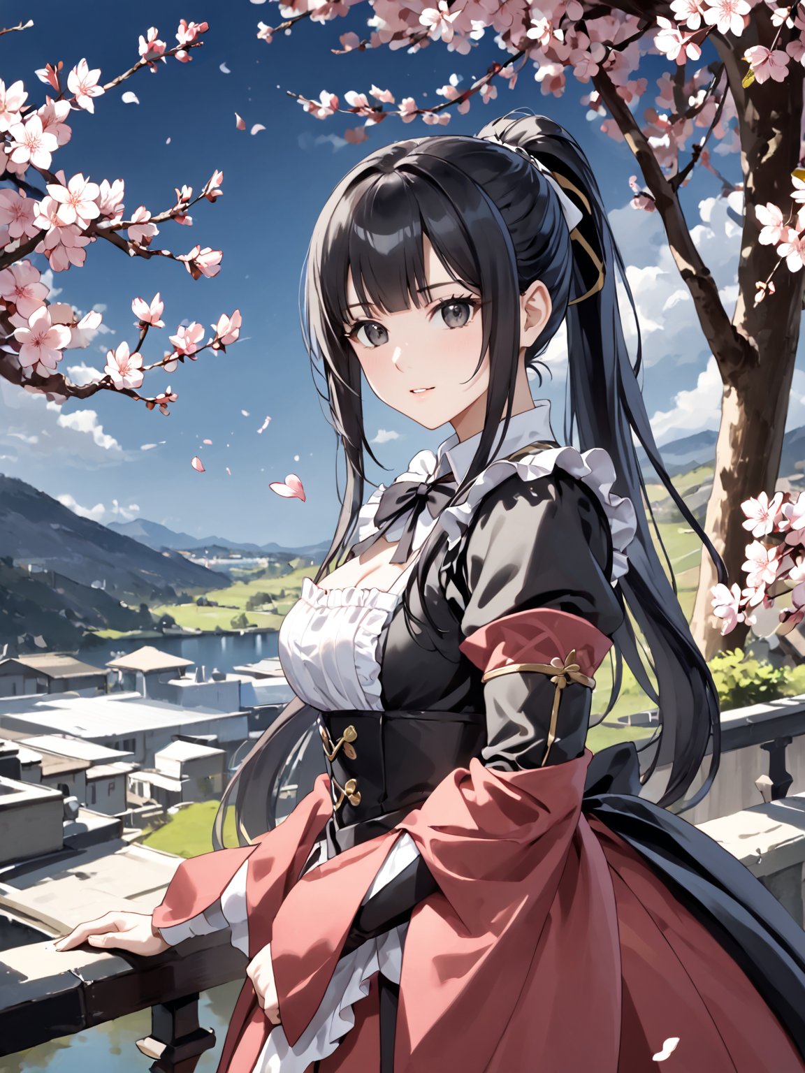 score_9,score_8_up,score_7_up,score_6_up, masterpiece, best quality, highres
,//Character, 
1girl,narberal gamma \(overlord\), long hair, black hair, glay eyes, bangs, ponytail, medium breats
,//Fashion, 
maid
,//Background, 
,//Others, ,Expressiveh, 
A shy schoolgirl peeking from behind a cherry blossom tree, soft petals falling around her.