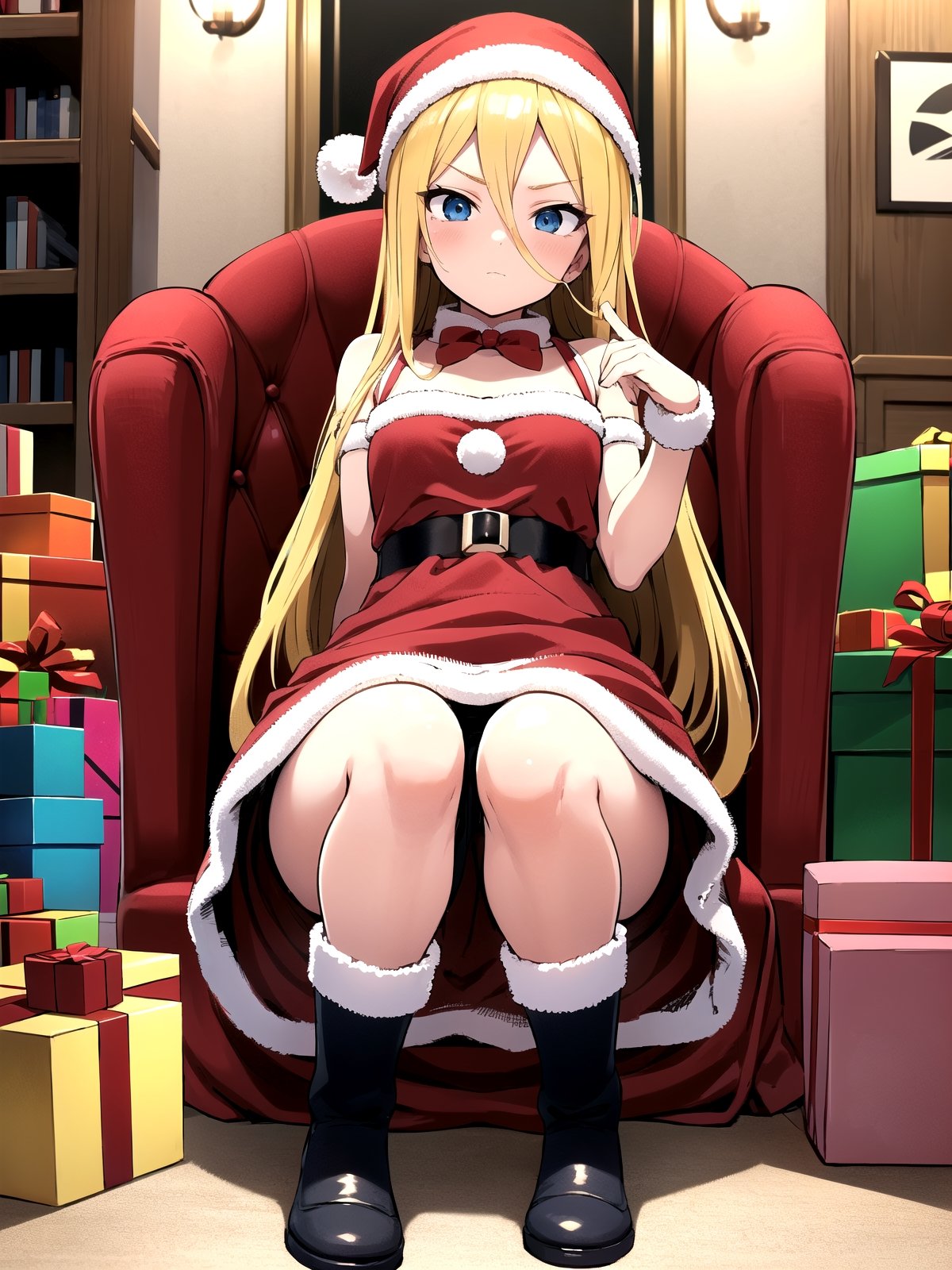 //Quality,
(masterpiece), (best quality), 8k illustration,
//Character,
overlordentoma, 1girl, solo, gift
//Fashion,
santa_costume,
//Background,
indoors, christmas, 
//Others,
evileye_overlord