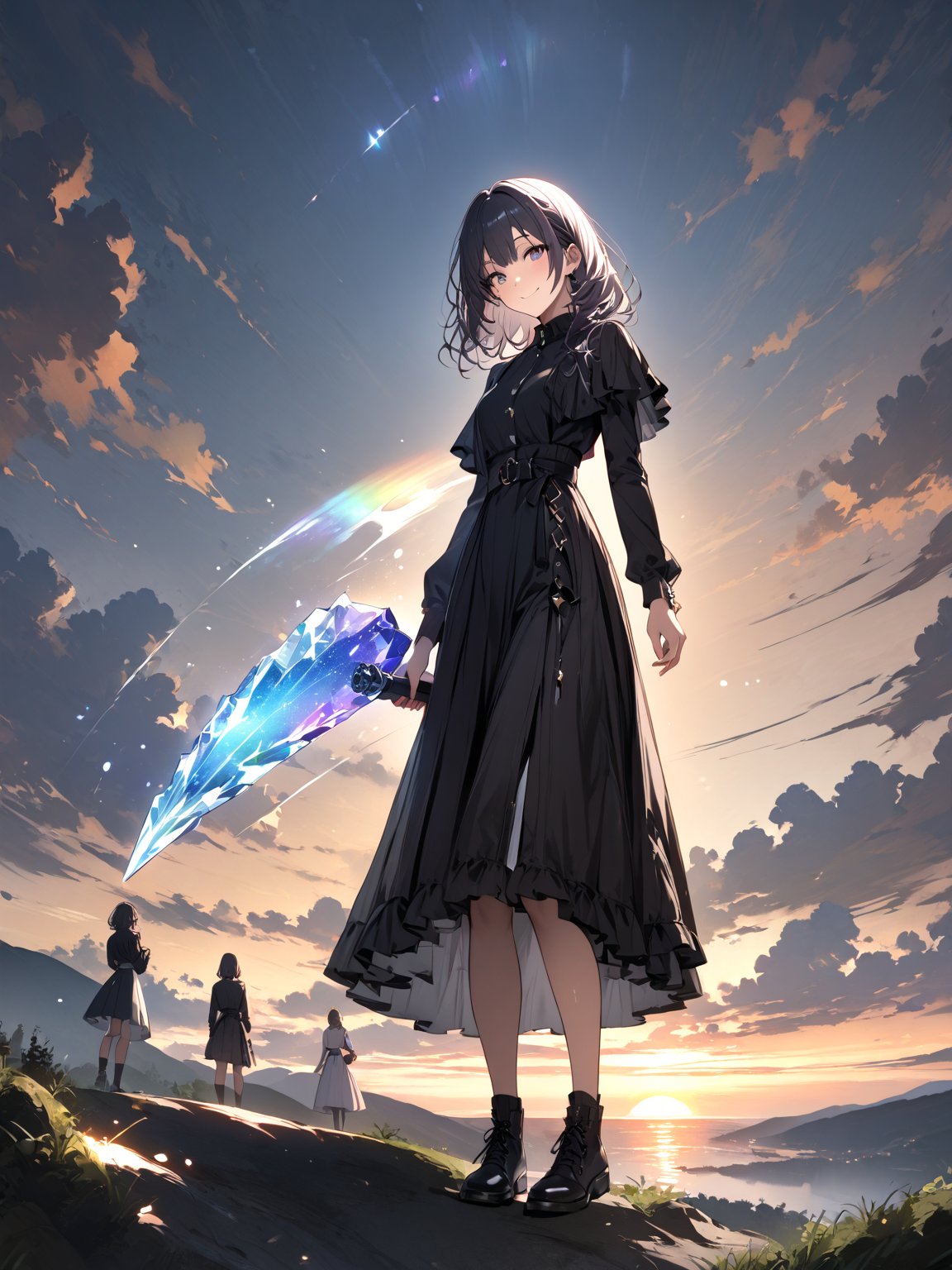 score_9,score_8_up,score_7_up,score_6_up, masterpiece, best quality, highres
,//Character, 
1girl, solo,SakayanagiArisu
,//Fashion, 

,//Background, 
,//Others, ,Expressiveh,
The girl standing triumphantly atop a hill, silhouetted against a beautiful sunset. She's holding a magical artifact that glows with rainbow colors. Her posture is confident, and a smile of accomplishment lights up her face. Fireflies dance around her, adding a magical touch to the scene.