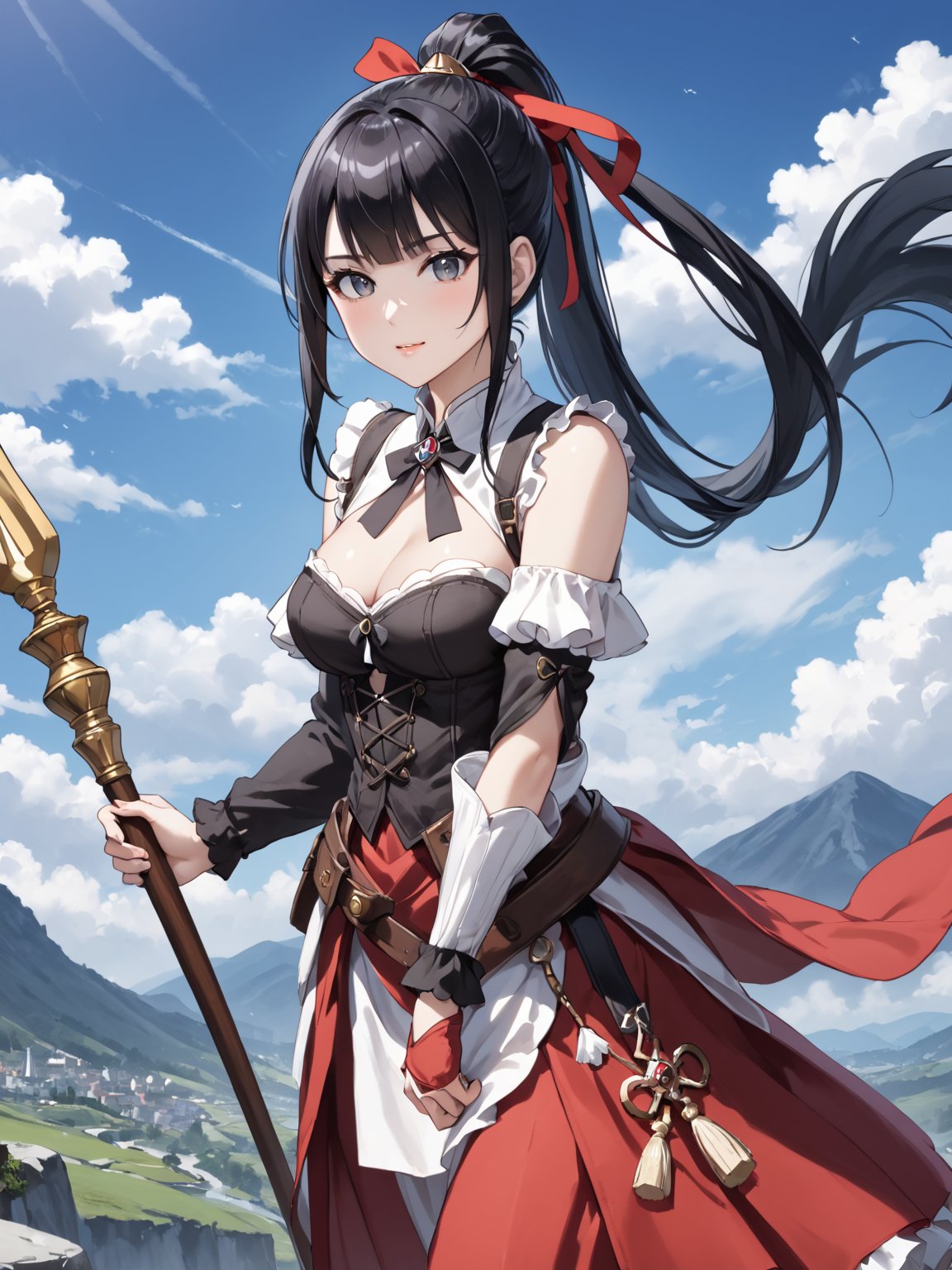 score_9,score_8_up,score_7_up,score_6_up, masterpiece, best quality, highres
,//Character, 
1girl,narberal gamma \(overlord\), long hair, black hair, glay eyes, bangs, ponytail, medium breats
,//Fashion, 

,//Background, 
,//Others, ,Expressiveh, 
A girl riding a giant pencil like a witch's broomstick, soaring through a sky filled with floating mathematical equations.