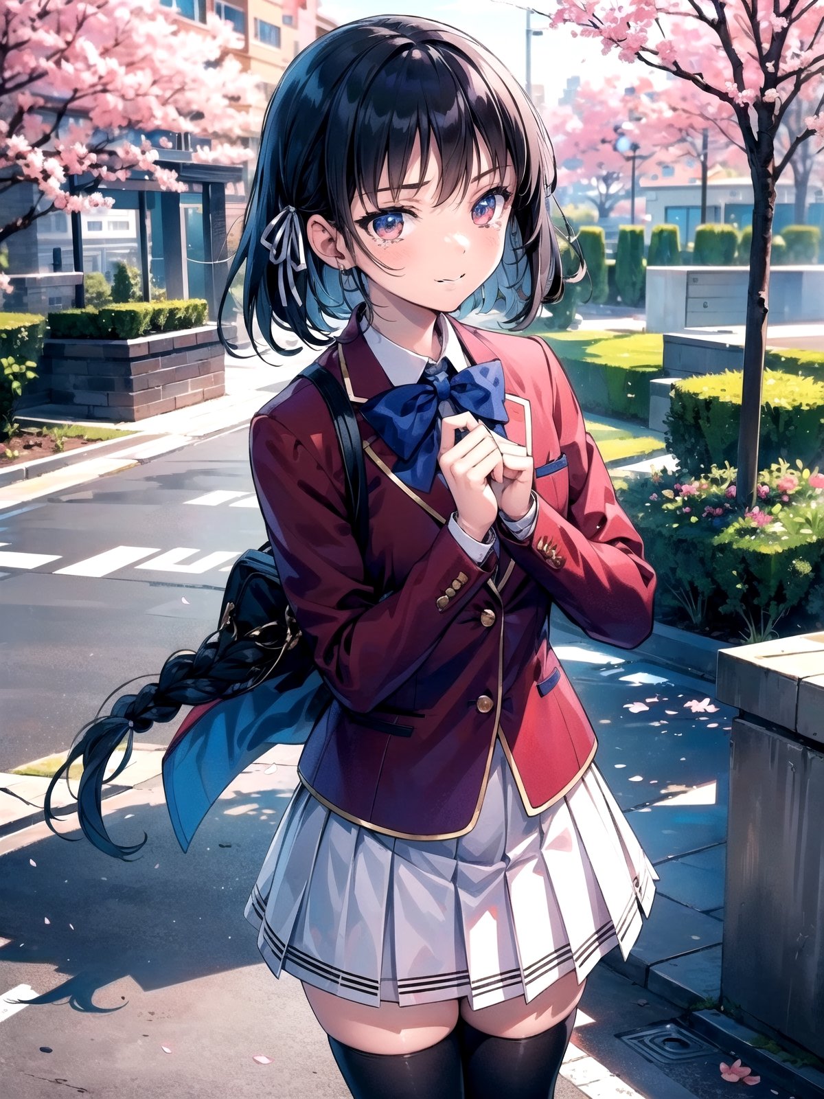 //Quality,
(masterpiece), (best quality), 8k illustration
,//Character,
1girl, solo
,//Fashion,
,//Background,
school gate, cherry blossoms
,//Others,
,aasuzune, short hair, black hair, (single braid:1.2), hair ribbon, red jacket, blazer, blue bowtie, long sleeves, white skirt, black thighhighs, happy tears, smile