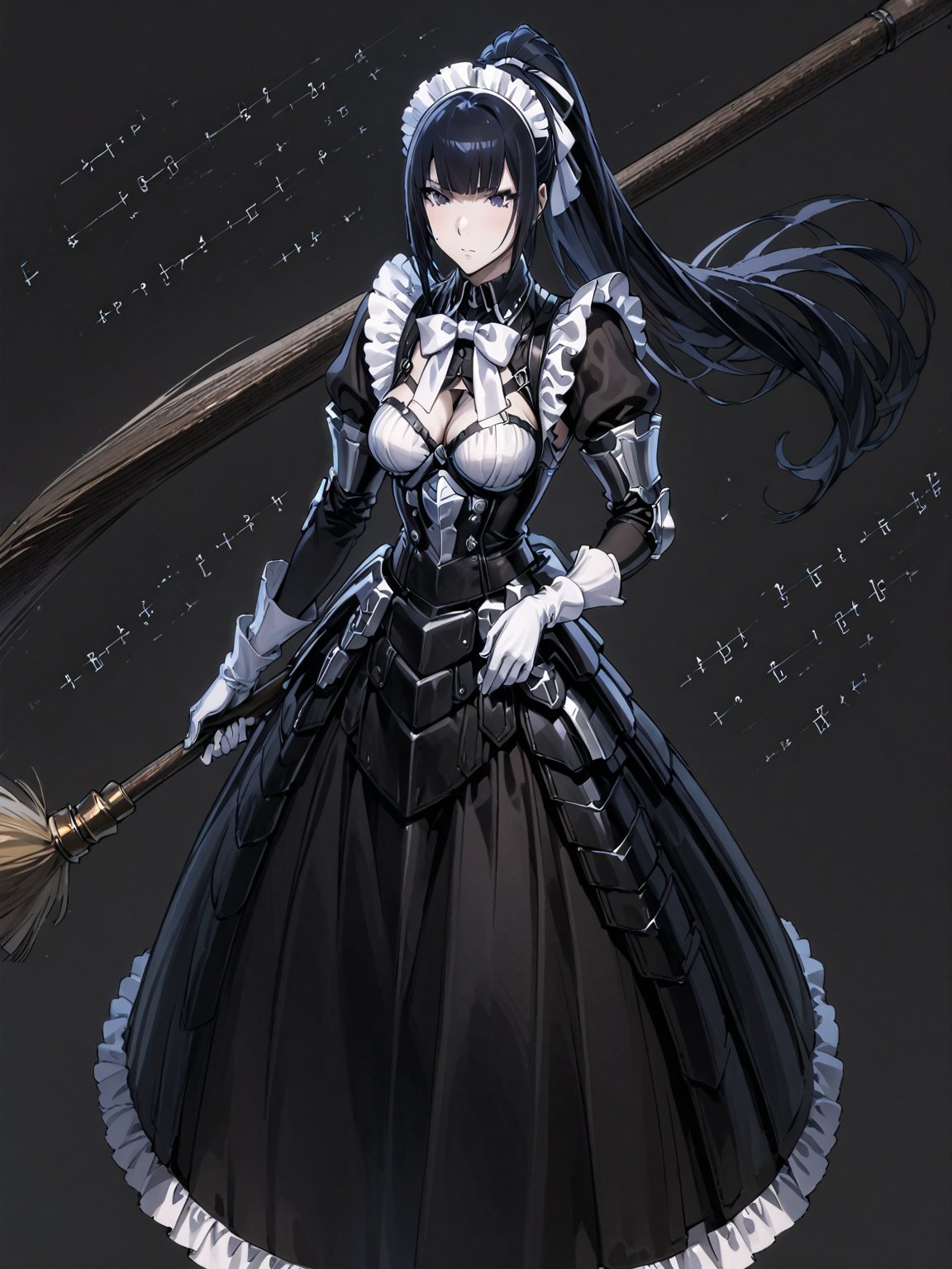 score_9,score_8_up,score_7_up,score_6_up, masterpiece, best quality, highres
,//Character, 
1girl, solo,narberal gamma \(overlord\), long hair, black hair, glay eyes, bangs, ponytail, medium breats
,//Fashion, 
ribbon, bow, maid, dress, armor, gloves
,//Background, 
,//Others, ,Expressiveh, female focus,
A girl riding a giant pencil like a witch's broomstick, soaring through a sky filled with floating mathematical equations.