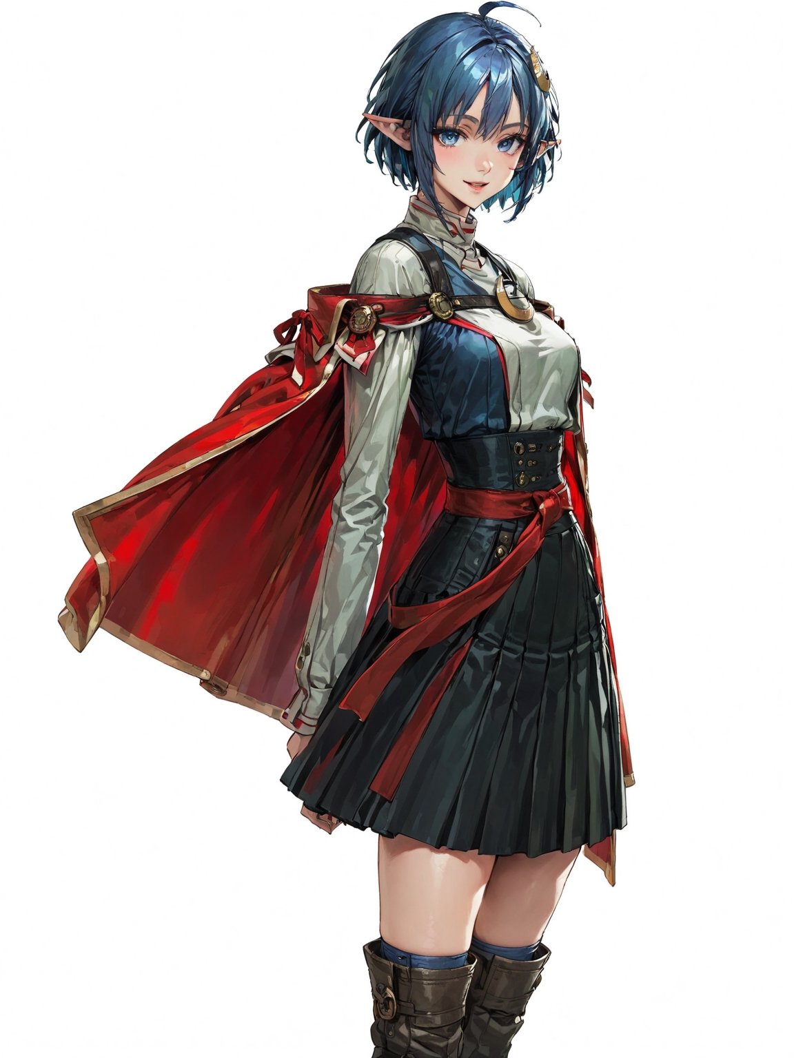 //Quality, masterpiece, best quality, detailmaster2, 8k, 8k UHD, ultra detailed, ultra-high resolution, ultra-high definition, highres, 
//Character, 1girl, solo, blue eyes, short hair, blue hair, pointy ears, ahoge,
//Fashion, red cape, skirt, thighhighs, crescent hair ornament,
//Background, white background, 
//Others, looking at viewer, smile, from_side