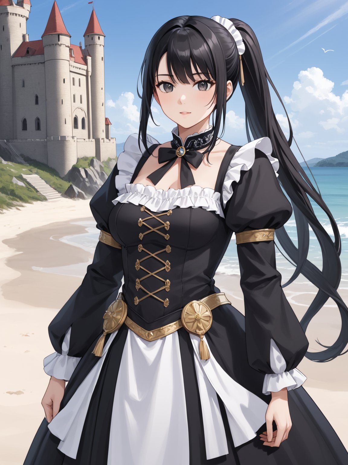 score_9,score_8_up,score_7_up,score_6_up, masterpiece, best quality, highres
,//Character, 
1girl,narberal gamma \(overlord\), long hair, black hair, glay eyes, bangs, ponytail, medium breats
,//Fashion, 
maid
,//Background, 
,//Others, ,Expressiveh, 
A girl building a sandcastle on a beach, but the castle is emerging as a full-sized, realistic medieval fortress.