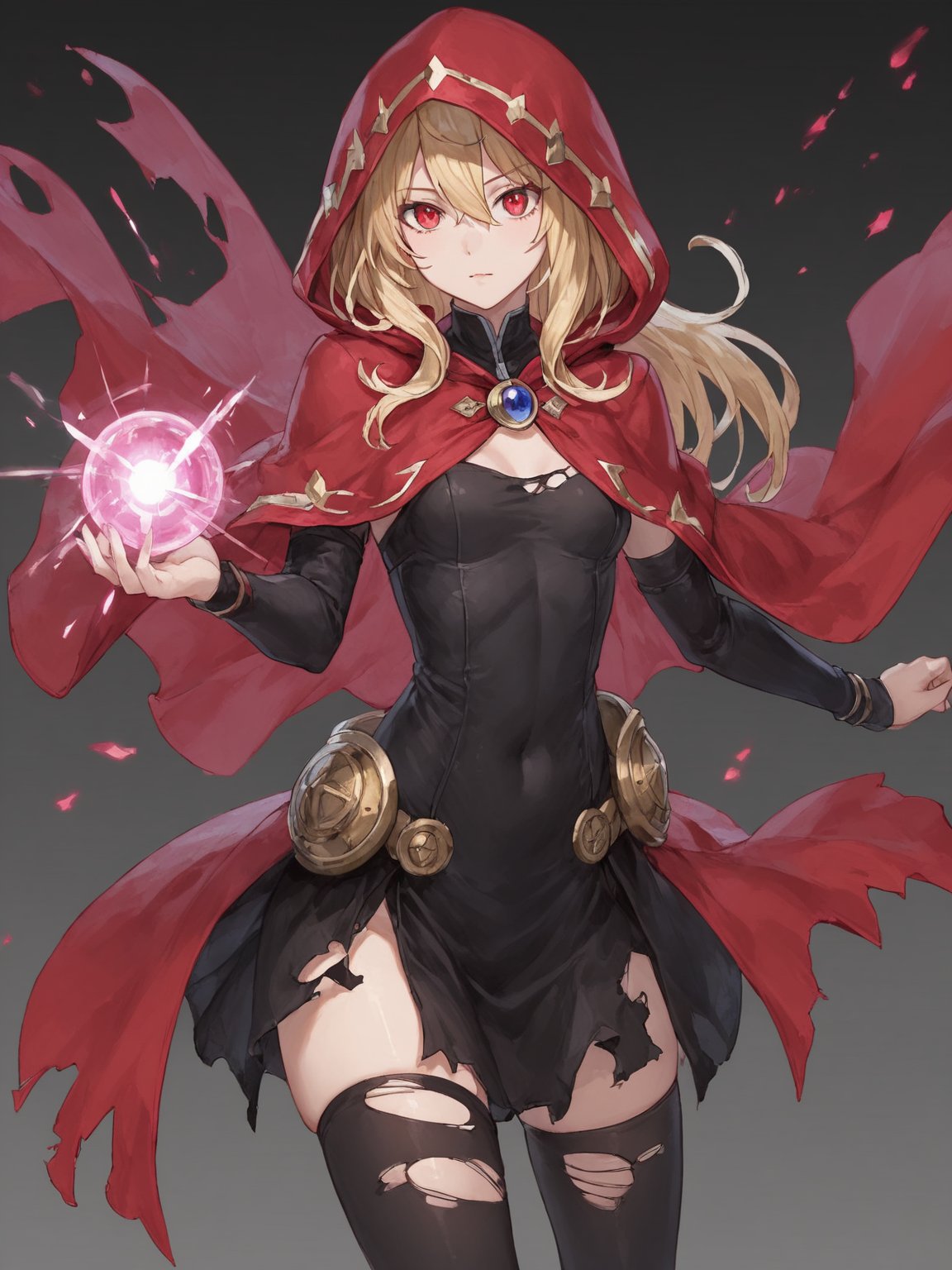 score_9,score_8_up,score_7_up,score_6_up, masterpiece, best quality, 8k, 8k UHD, ultra-high resolution, ultra-high definition, highres
,//Character, 
1girl, solo,Evileye \(overlord\), blonde hair, red eyes, hair between eyes, small breasts
,//Fashion, 
hood, black dress, torn clothes, covered navel, red cloak, hooded cloak, black thighhighs, torn thighhighs, 
hood up
,//Background, white_background
,//Others, ,Expressiveh,
dynamic pose, energy ball charging