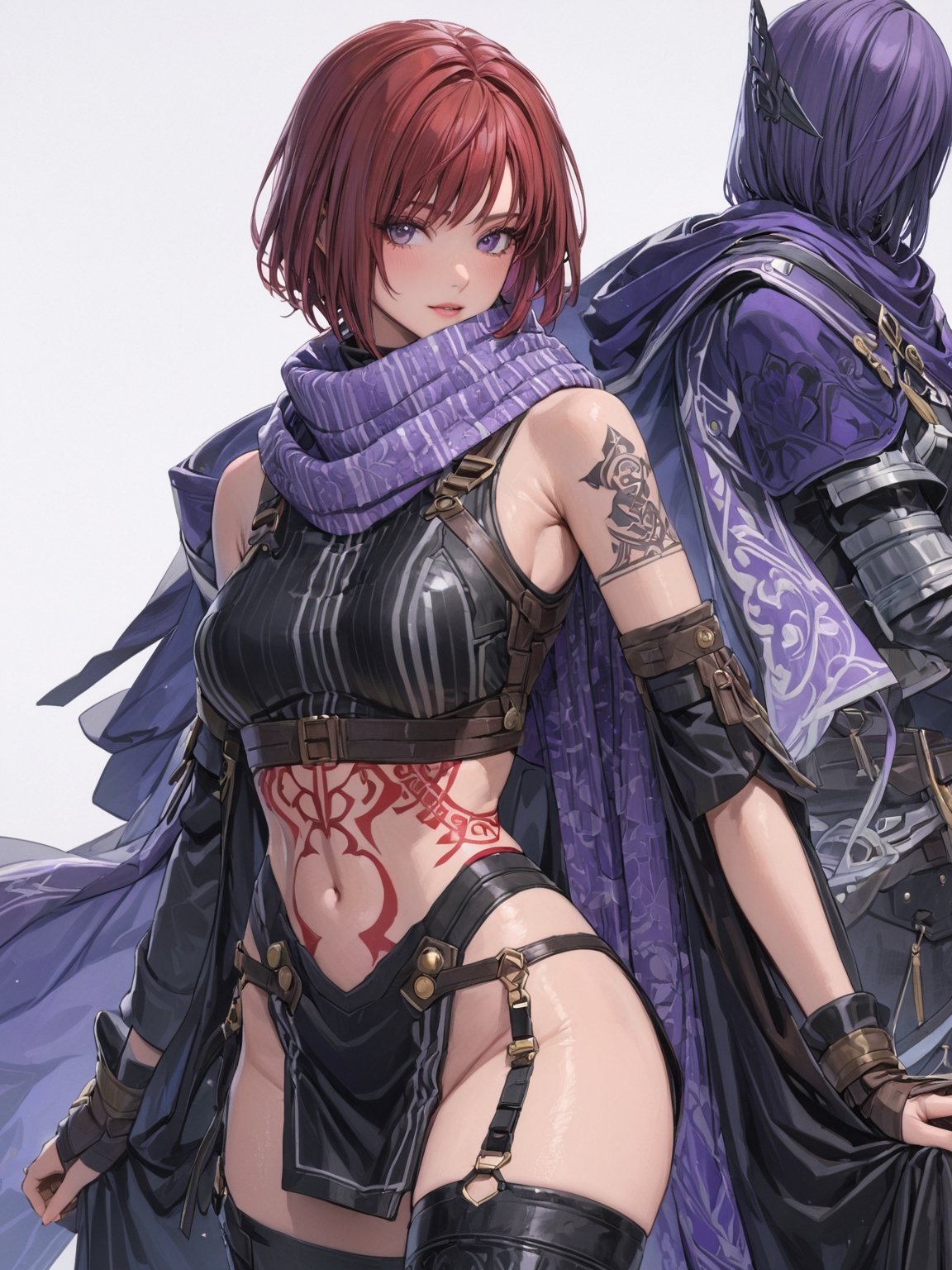 //Quality, masterpiece, best quality, detailmaster2, 8k, 8k UHD, ultra detailed, ultra-high resolution, ultra-high definition, highres, 
//Character, 1girl, solo, NelZelpher_SO3, purple eyes, short hair, red hair, tattoo,
//Fashion, black thighhighs, scarf, 
//Background, white background, 
//Others, 