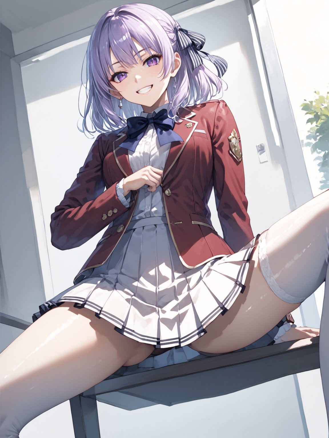 score_9,score_8_up,score_7_up,score_6_up, masterpiece, best quality, highres
,//Character, 
1girl, solo,SakayanagiArisu, medium_hair, shiny_hair, purple_eyes
,//Fashion, 
school_uniform, red_jacket
,//Background, front door,
,//Others, ,Expressiveh,
female focus, looking at viewer, spread legs, crossed arms, from below, grin