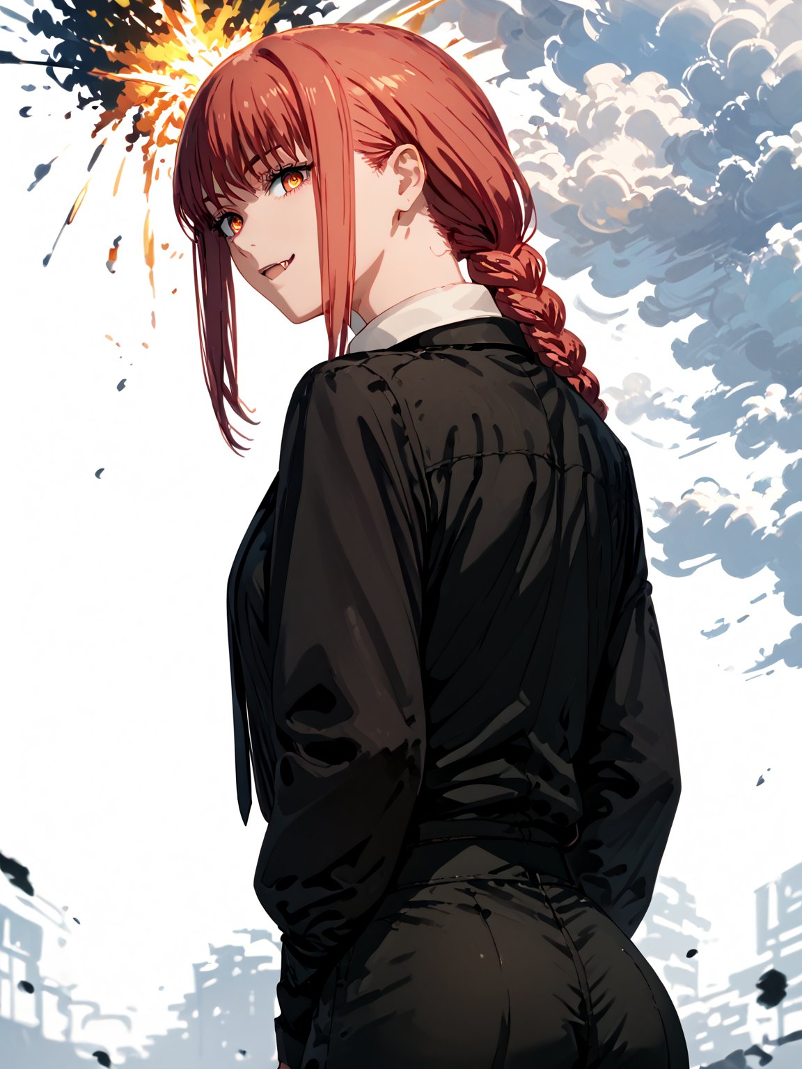 score_9,score_8_up,score_7_up,score_6_up, masterpiece, best quality, 8k, 8k UHD, ultra-high resolution, ultra-high definition, highres
,//Character, 
1girl, solo,makima_v1, red hair, ringed eyes, braided ponytail
,//Fashion, 
black necktie, shirt, collared shirt, black_pants
,//Background, white_background
,//Others, ,Expressiveh,ArtoriaPendragon, explosion, back view, looking at viewer, looking back, fang