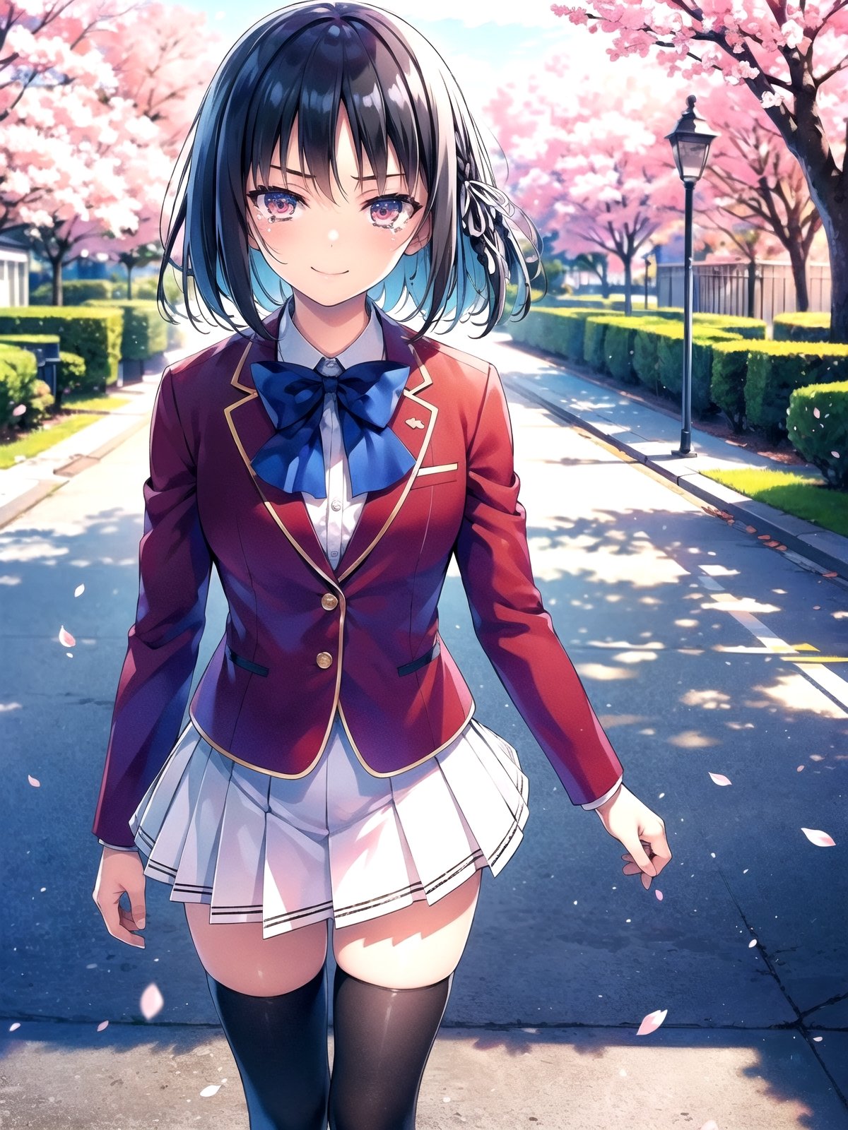 //Quality,
(masterpiece), (best quality), 8k illustration
,//Character,
1girl, solo
,//Fashion,
,//Background,
school gate, cherry blossoms
,//Others,
,aasuzune, short hair, black hair, (single braid:1.2), hair ribbon, red jacket, blazer, blue bowtie, long sleeves, white skirt, black thighhighs, happy tears, smile